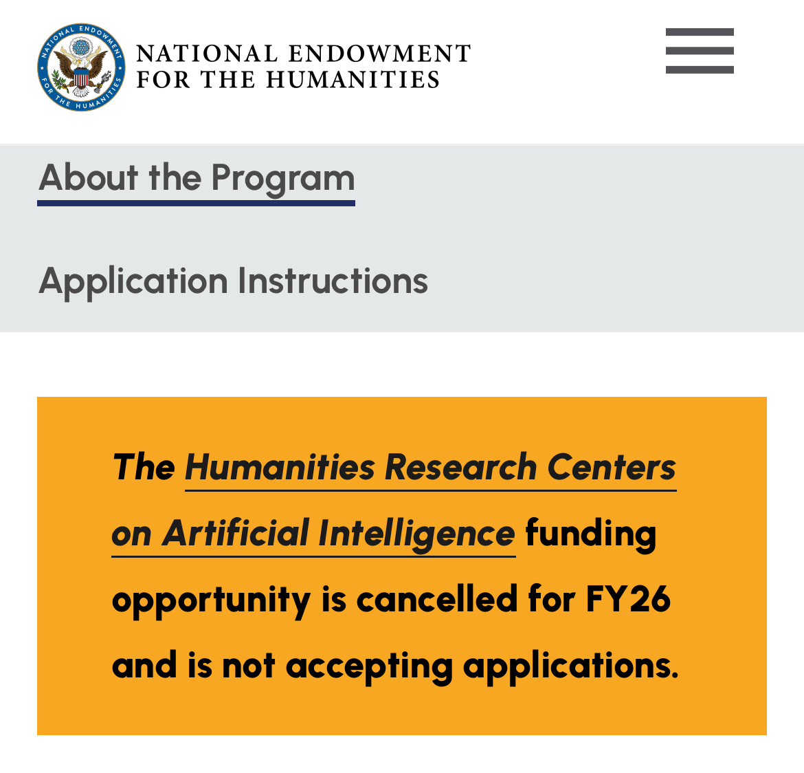 Screenshot of Humanities Research Centers on Artificial Intelligence grant program cancellation. 