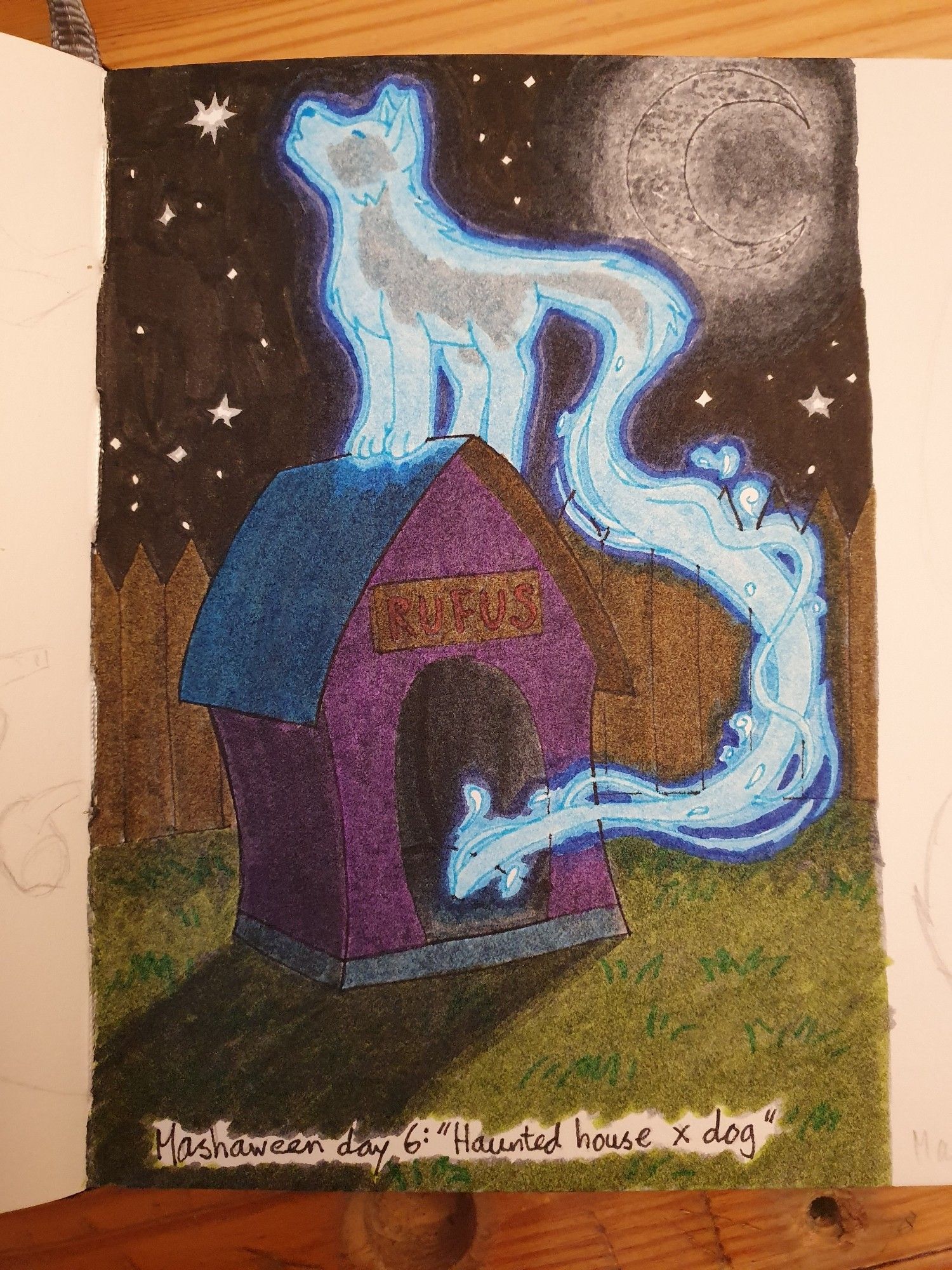 Drawing of a ghost dog howling at the night sky from the roof of it's doghouse