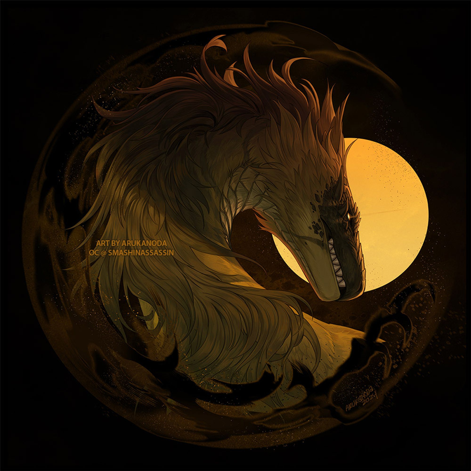 A brown colored fur covered creature forms a circular composition. Dark sand surrounds the character's torso, with a golden sun as the background.