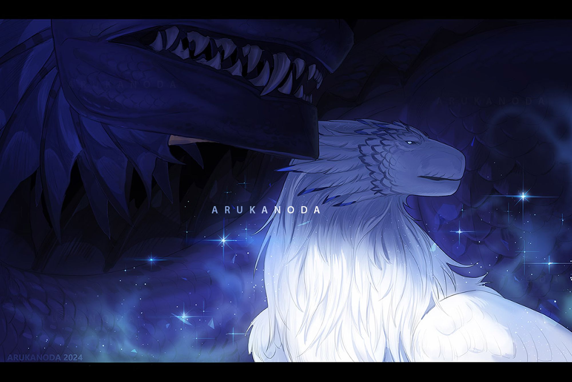 A large, azure scaled dragon (Lavi) encircles a fluffy white wyvern (Lucian) protectively. The light dramatically hits onto the white character while being simultaneously affected by the shadow of the much larger character in an ambiguous room.
OC Context: By way of contract, Lavi has been long appointed to the side of the Province's newest monarch, helping to drive home the image of a unified power. Even if he is comparatively small for his own species, Lucian is rarely without the armor of his dragon's scales.