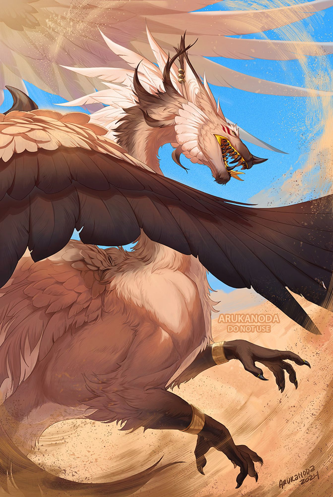 Trade with Spiritsai. A tan colored, fur coated dragon with siamese like gradients on the claws, back of the neck, and muzzle rears up against a desert background. The dragon is wearing golden bracelets and earrings.