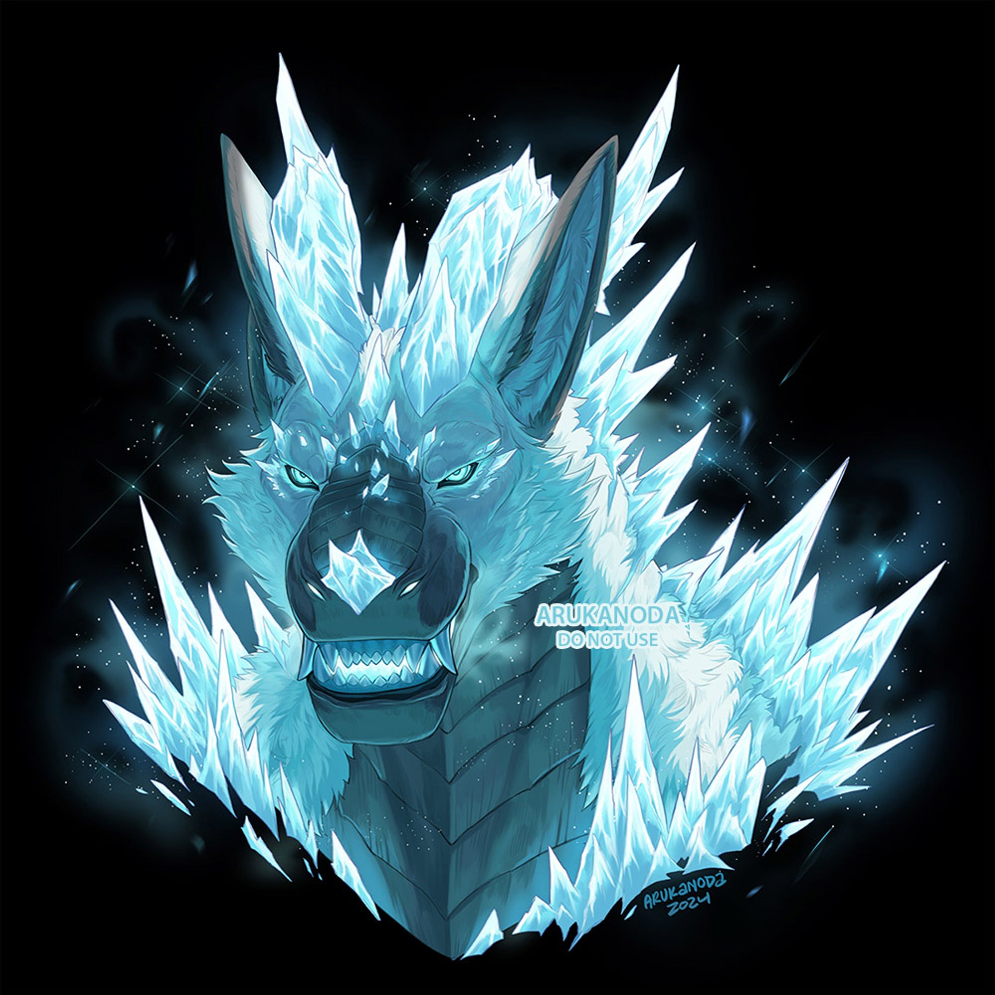 A kaiju character with siamese like coloring is cast in chilling blue light.Ice crystals congeal onto the character as she snarls. Commission for Almonihah!