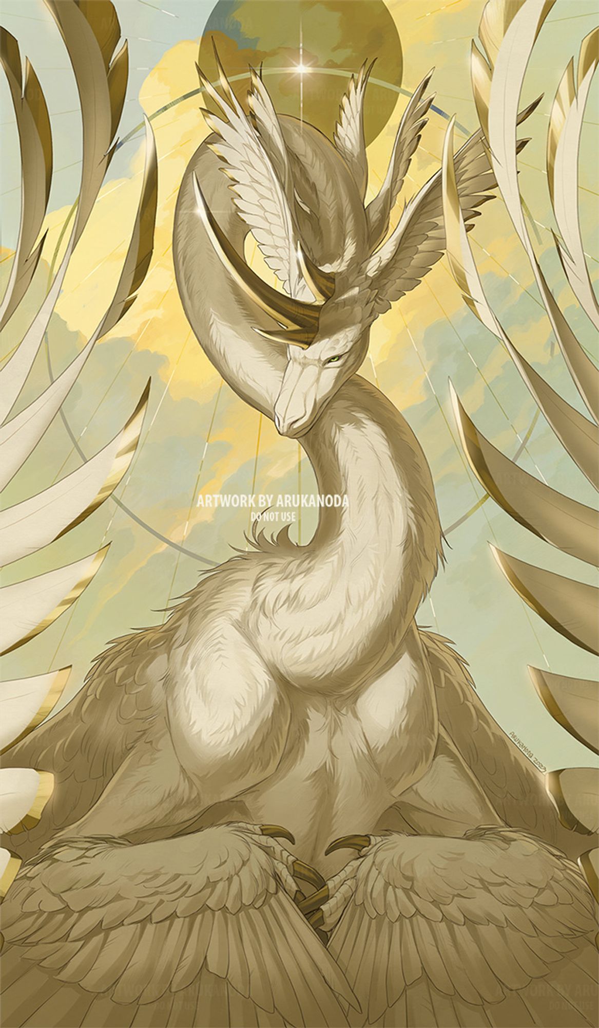 A white colored, long necked dragon centers the image. Gold-tipped feathers frame both sides of the image, with a background consisting of clouds in various blue, green, and yellow hues. A halo sits nicely behind the character.