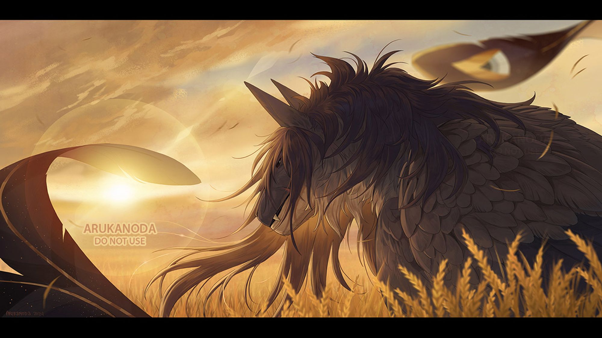 Commission for wanderingman of his Arvani character in a field of golden wheat.