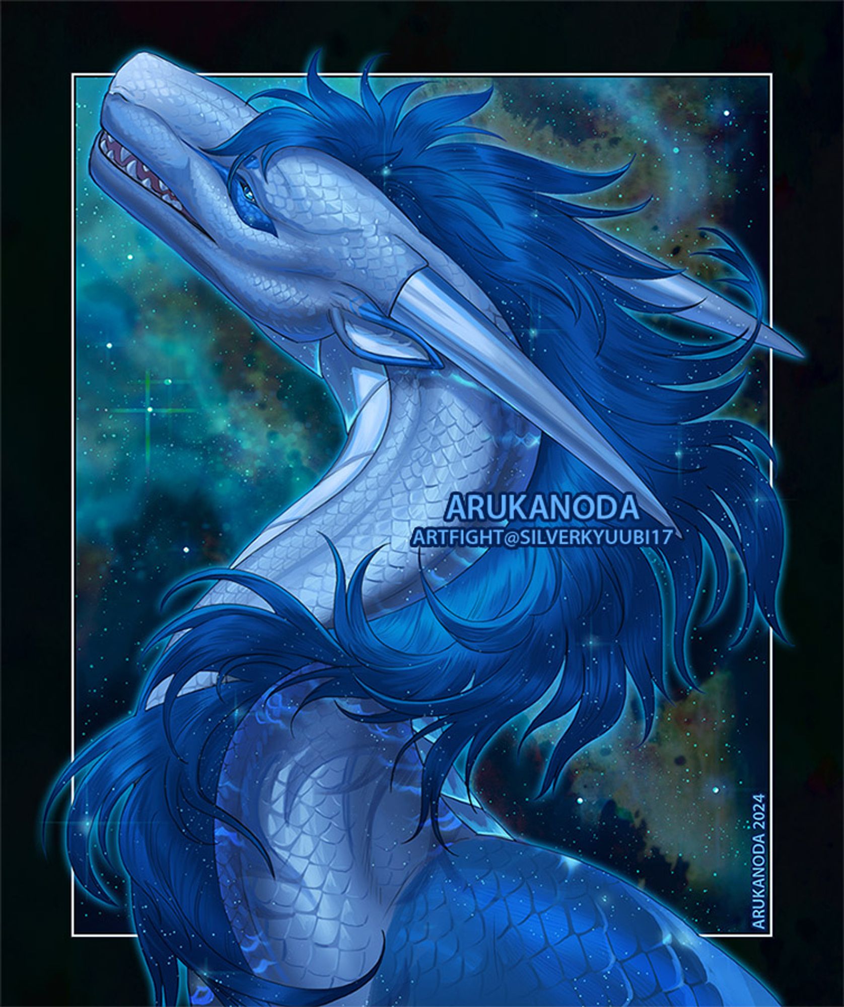 A silver scaled dragon with a blue mane twists against a starry night sky.