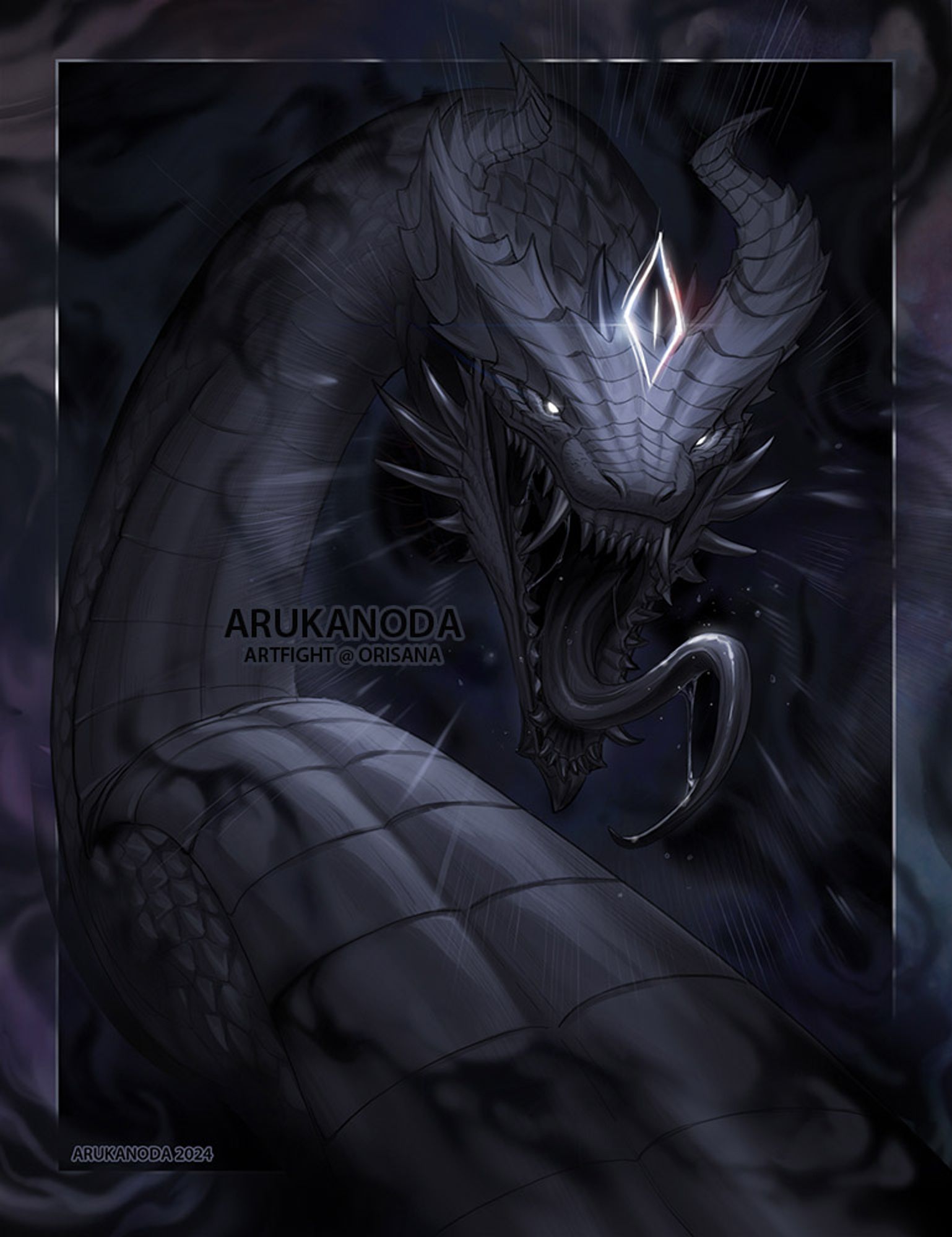 A giant shadowy serpent roars at the viewer. It's entire body is covered in black scales and has glowing white eyes.