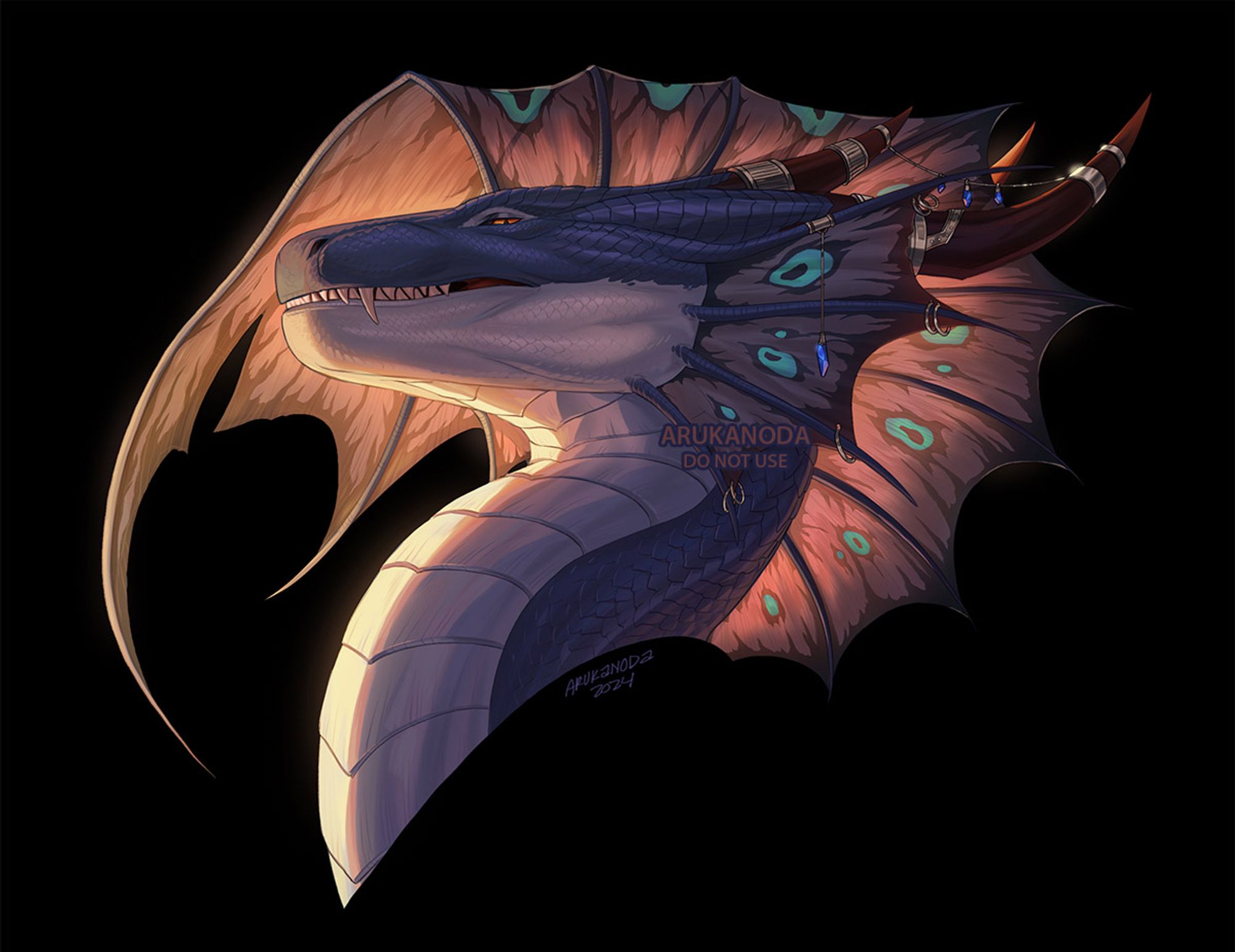 A bust crop of a dragon on a black background. The dragon itself is blue, with adorned horns and dramatic frills.