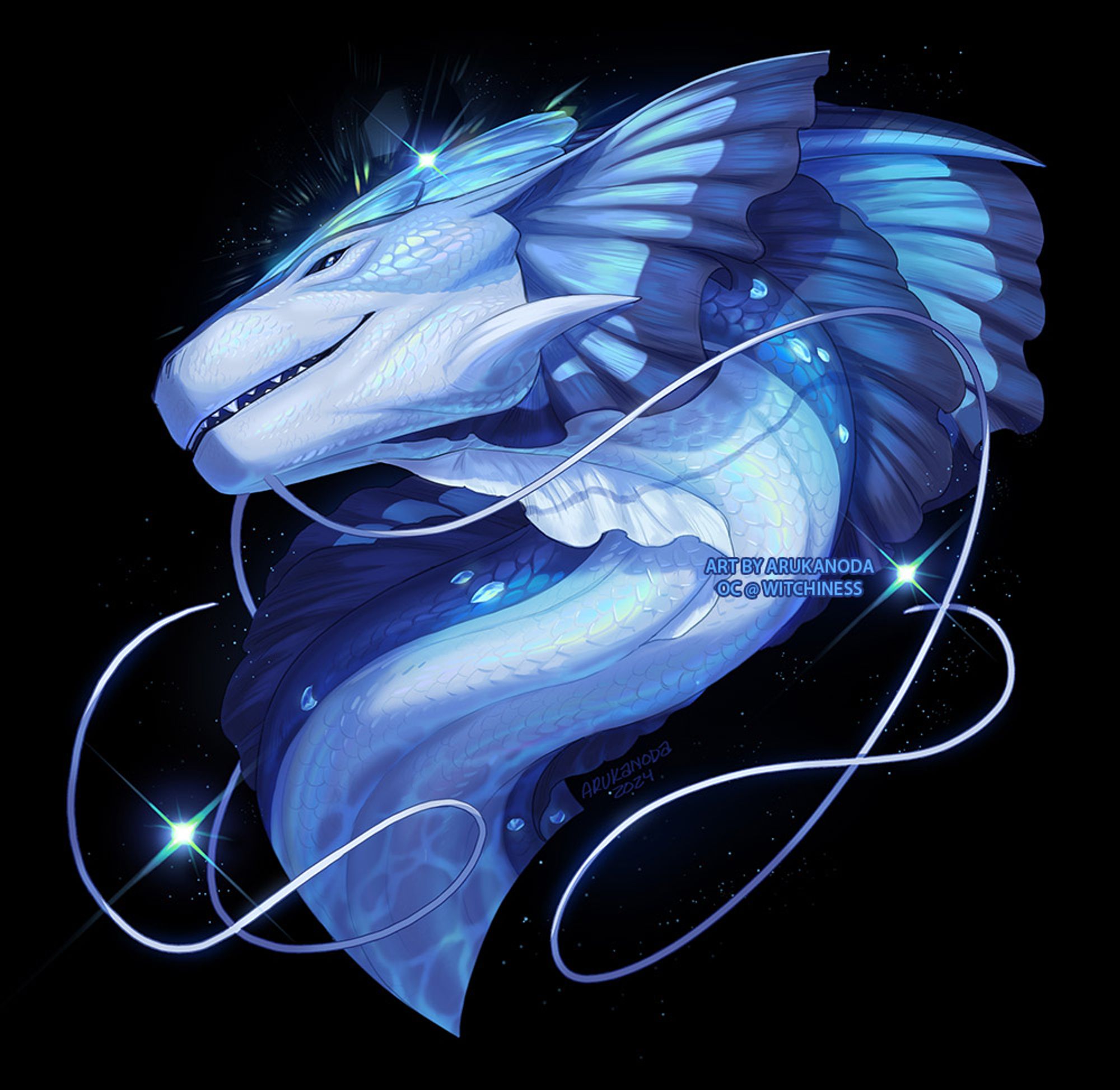 A torso crop of a whiskered betta-fish dragon shows off her glittering blue scales. A radiant rainbow aura shines around her crystal headpiece.