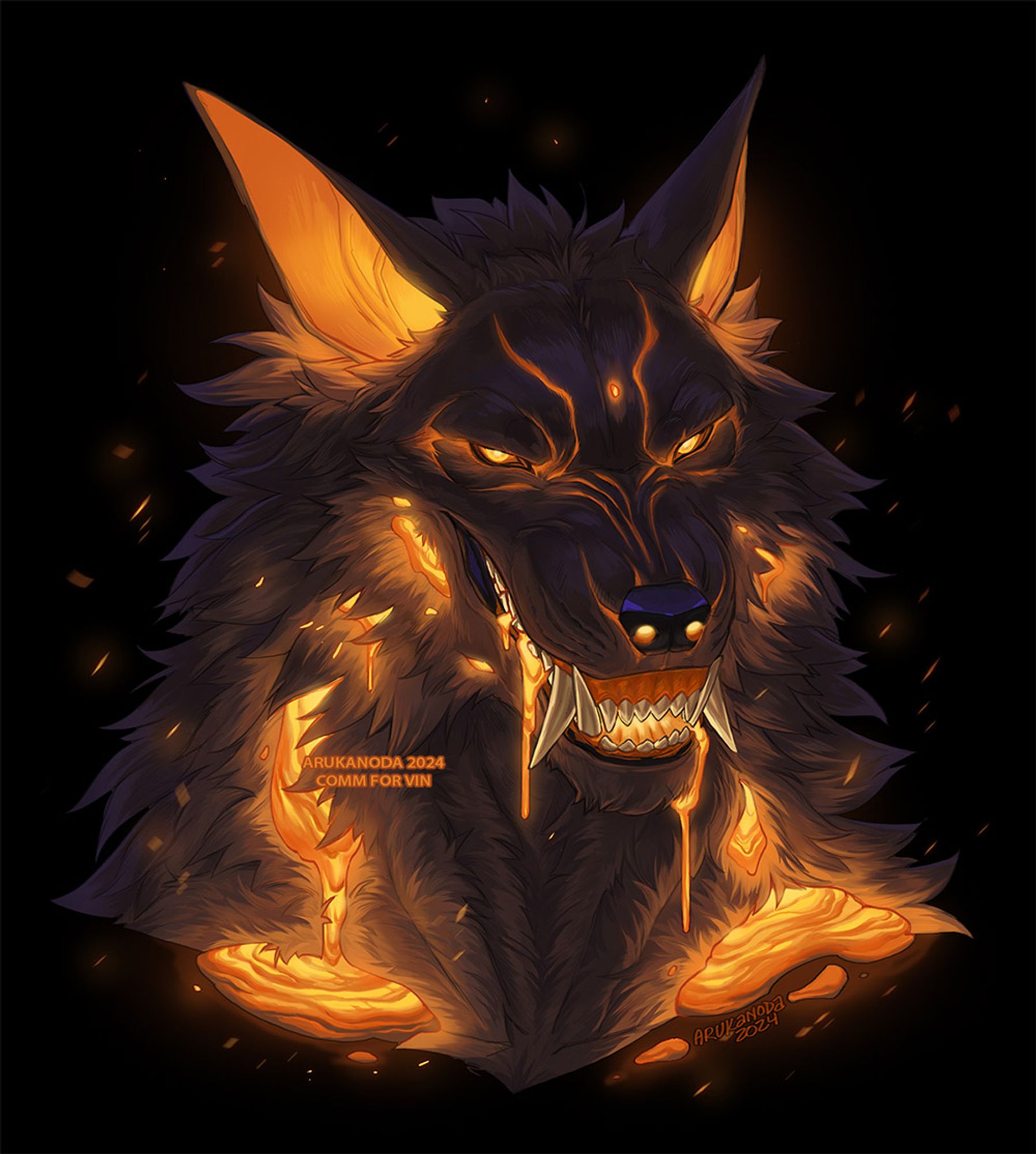 A portrait of a grinning, black colored wolf.  Magma oozes out from multiple areas of the fur and mouth, accenting his burning yellow eyes. Small embers are all over the drawing.