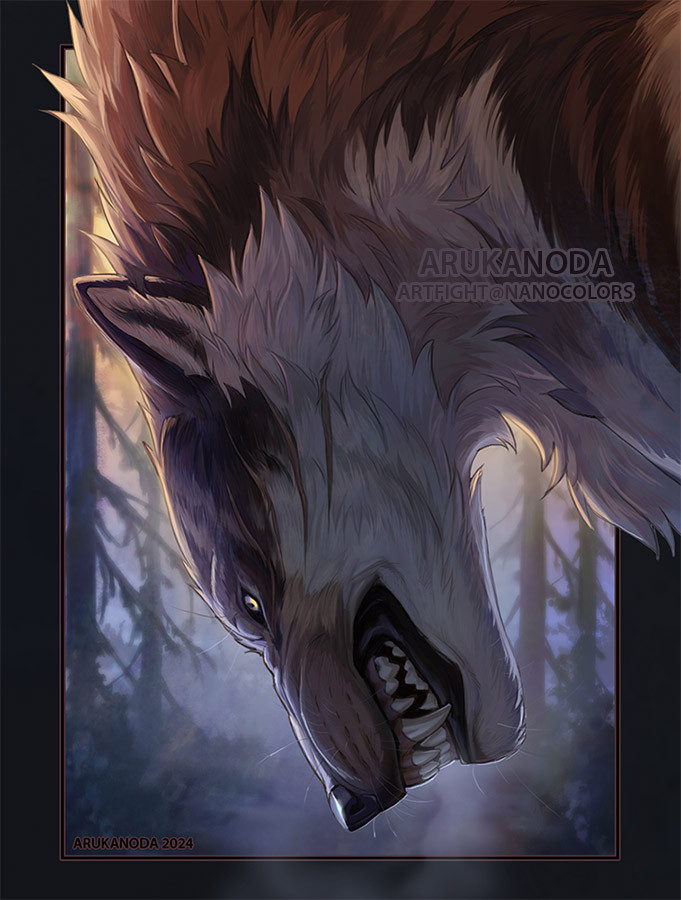 A wolf OC's portrait facing downwards in the morning dawn. This piece was made for Nanocolors on artfight. (July 2024)