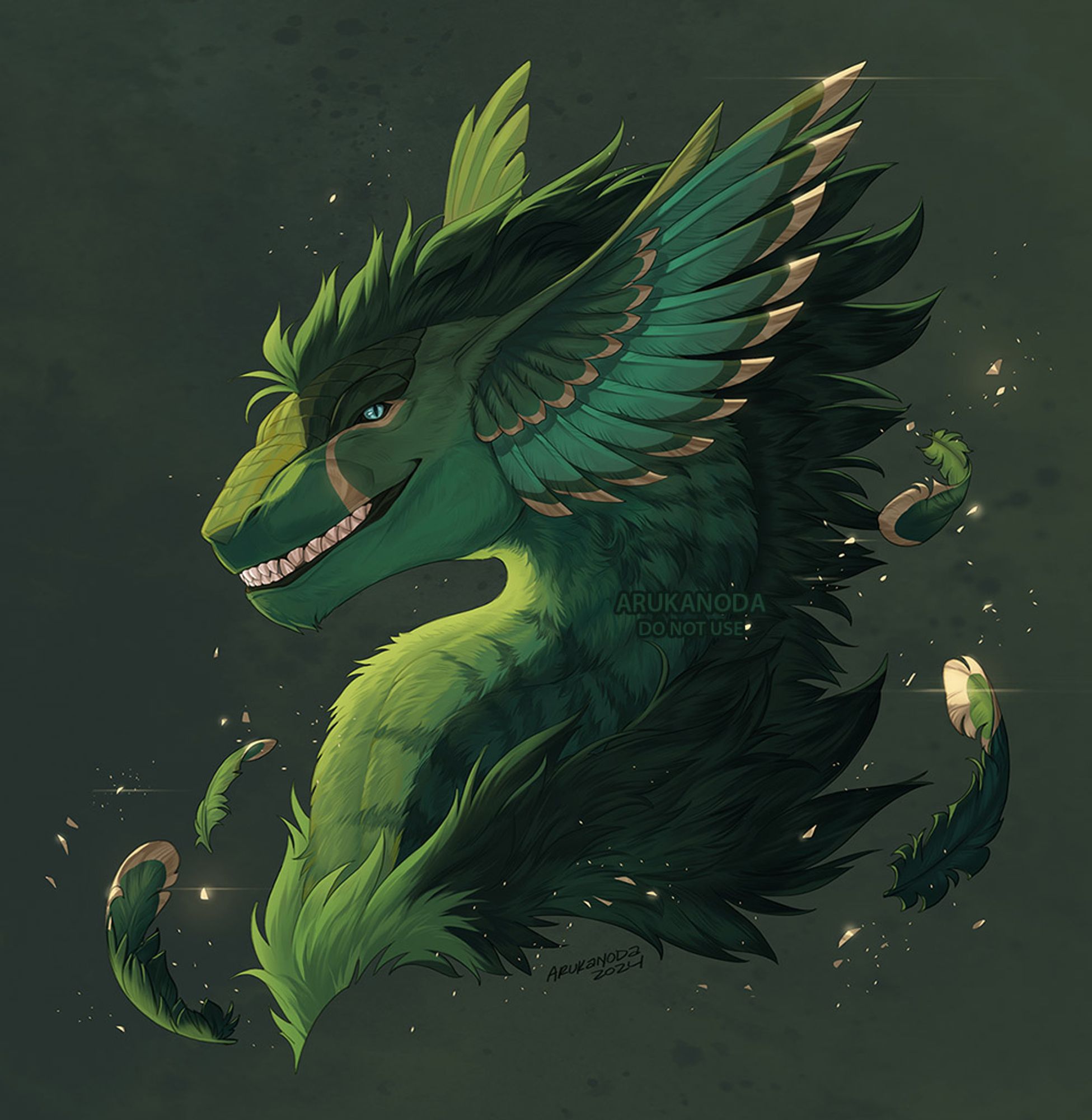 A portrait of a fur and feather covered green dragon with golden accents.