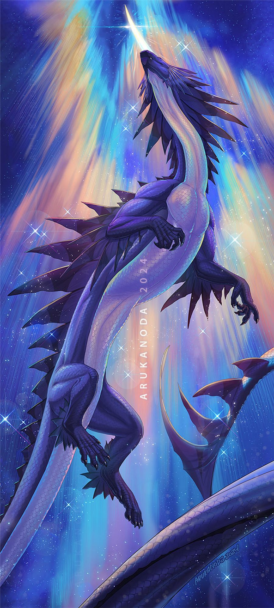 A long bodied, blue dragon (Lavi) ascends into a night sky filled with prismatic auroras. The light bounces off the scales of the dragon, reflecting various colors of the rainbow. Sparkles of light and a brilliantly shining horn create an ethereal effect around the character. **Lore tidbit: In Lavi's world I imagine there are specific conditions that cause unusual visual phenomena such as what is depicted here. Whether it is an omen or a blessing is up to who is interpreting it.