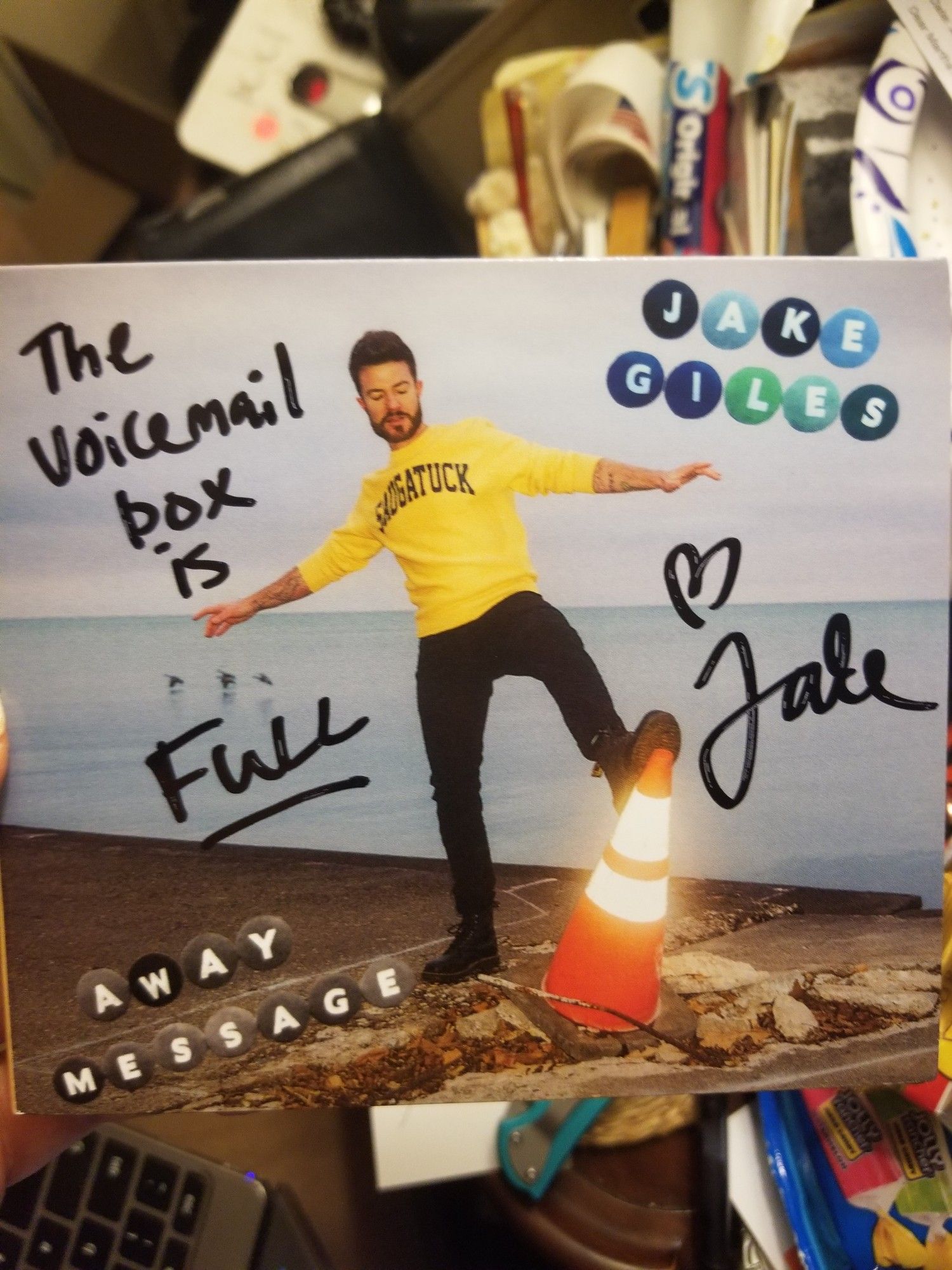 Cover of Jake Giles's new EP AWAY MESSAGE, which he has signed: "The voicemail box is FULL ❤️ Jake"