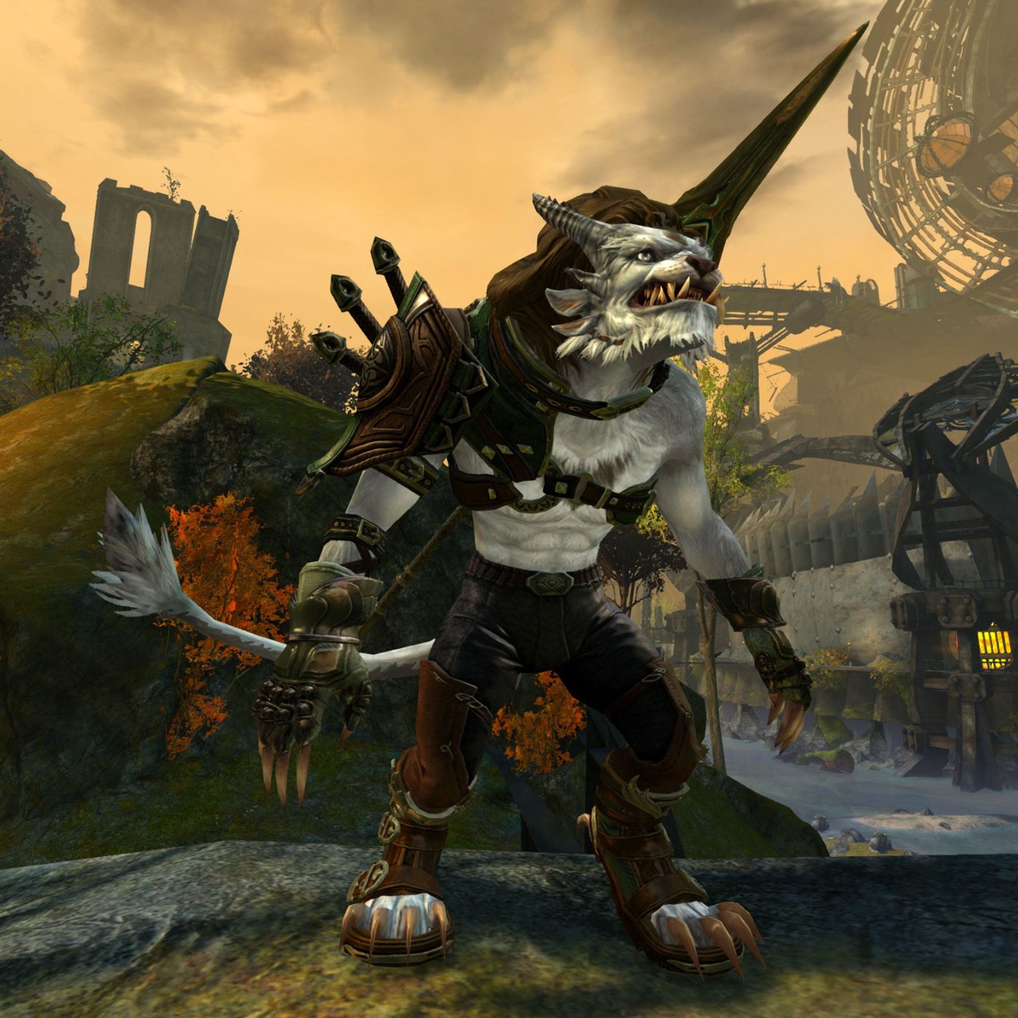 Screenshot of my Charr character, from the game Guild Wars 2.
A thief/daredevil, using medium clothes, that expose a bit of his torso and arms. In this version, without a helmet.