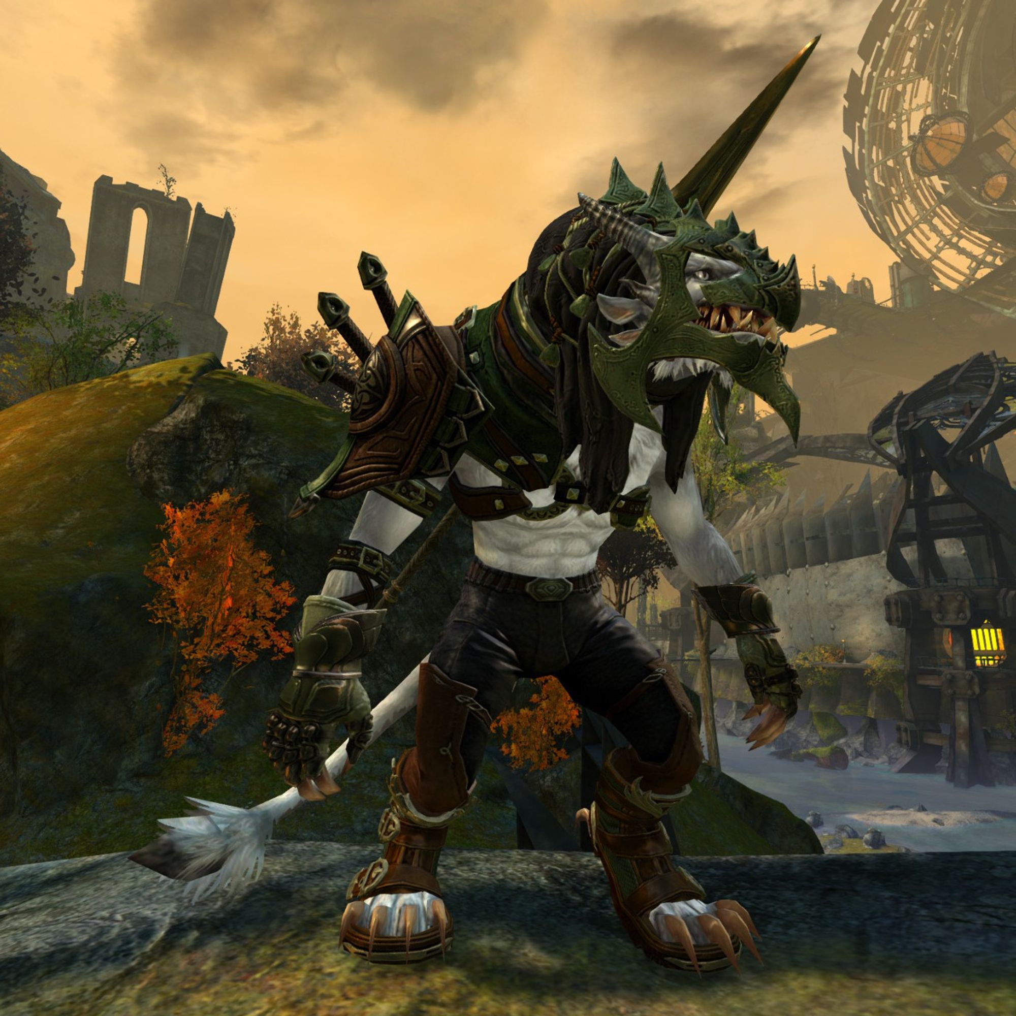 Basically the same screenshot as the previous, but now wearing a kinda rare helmet, Visage of the Khan-Ur, usable in game by only the charr race.