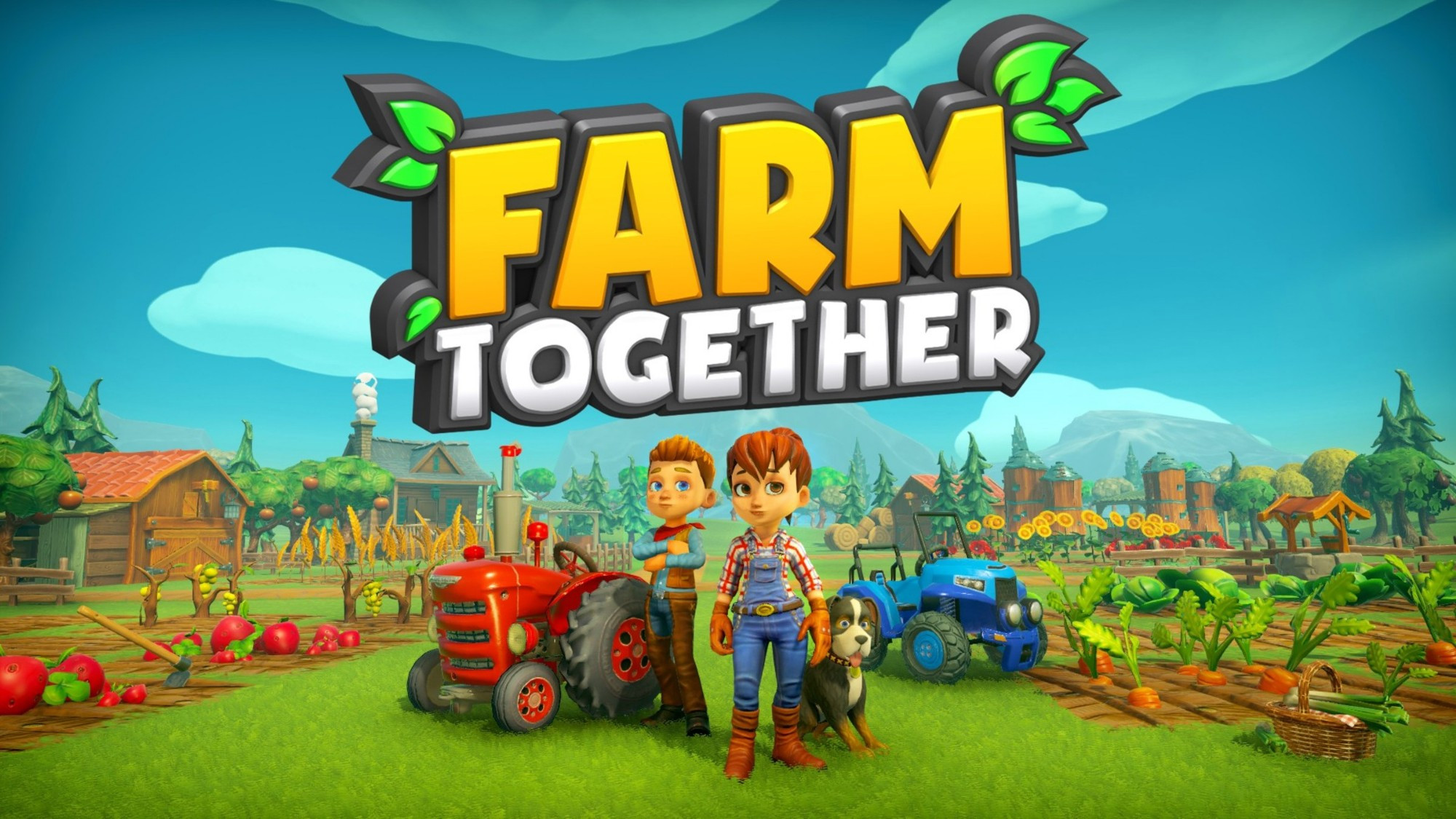 Cover art for the farming sim game Farm Together

Blue sky over a green field with crops planted in it. Two characters are standing in the middle next to their tractors, with a dog