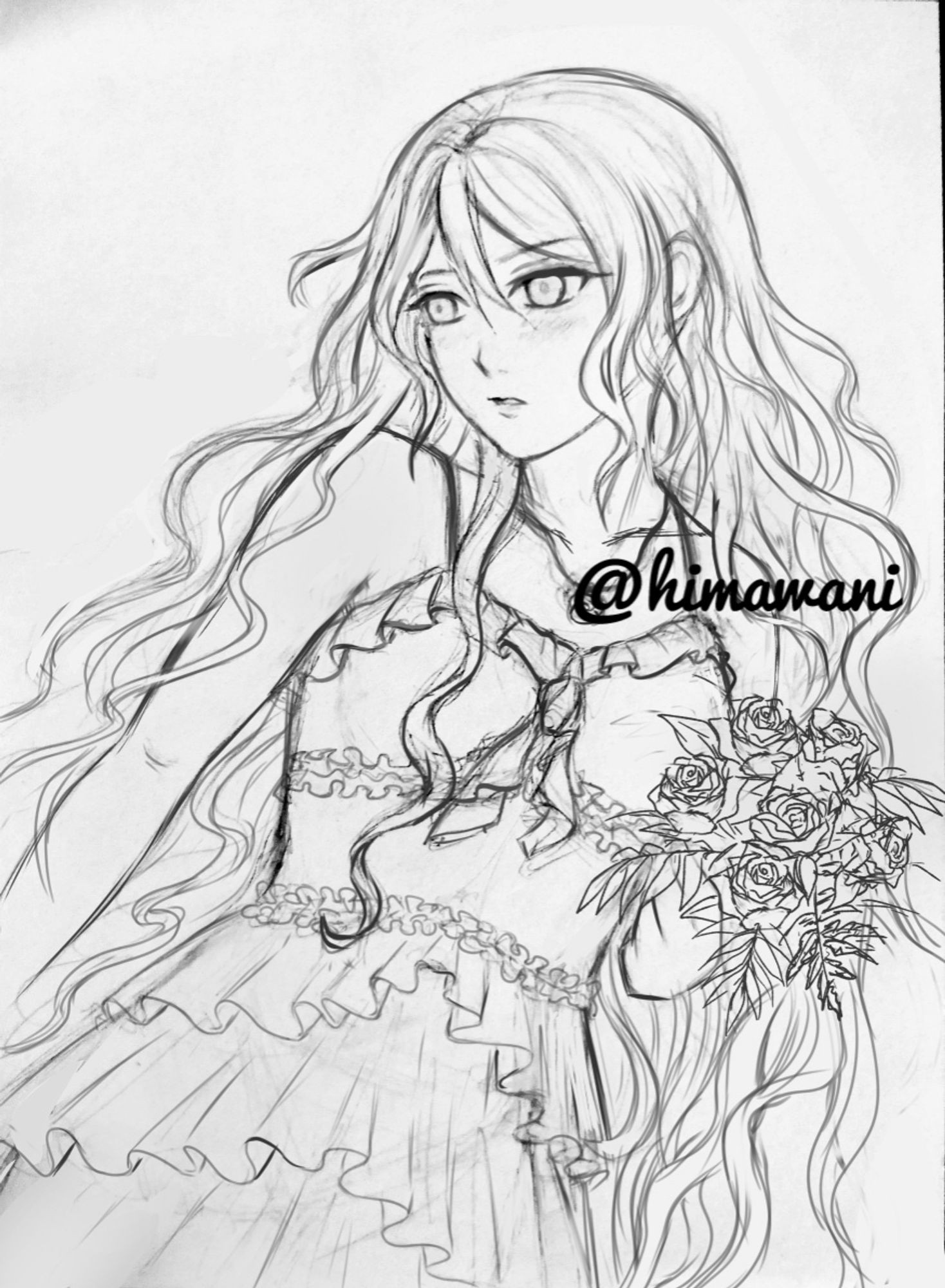 Sketch of my OC Lucine. She holds a bouquet of roses