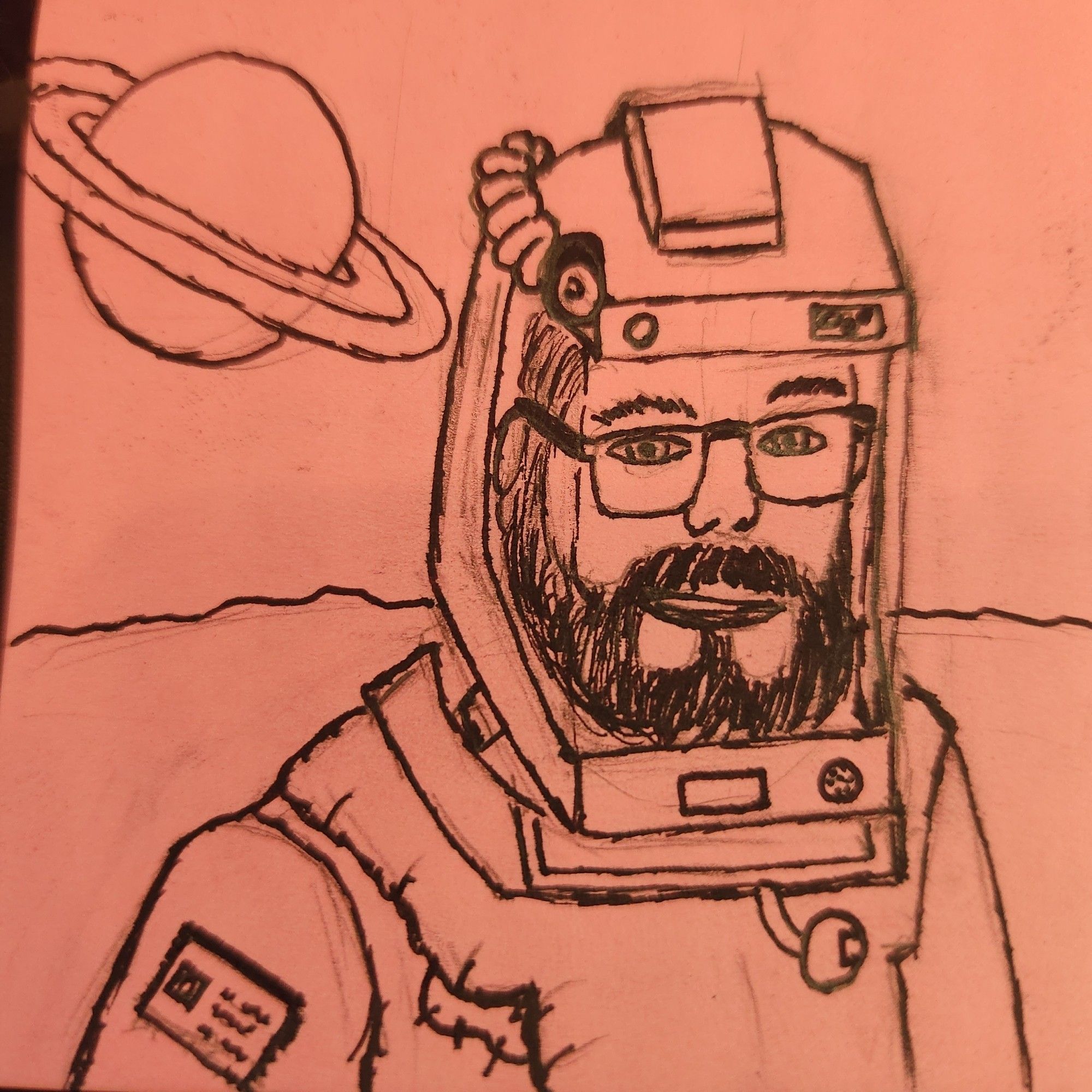 A sketch of me as an astronaut in ink on a pink sticky note