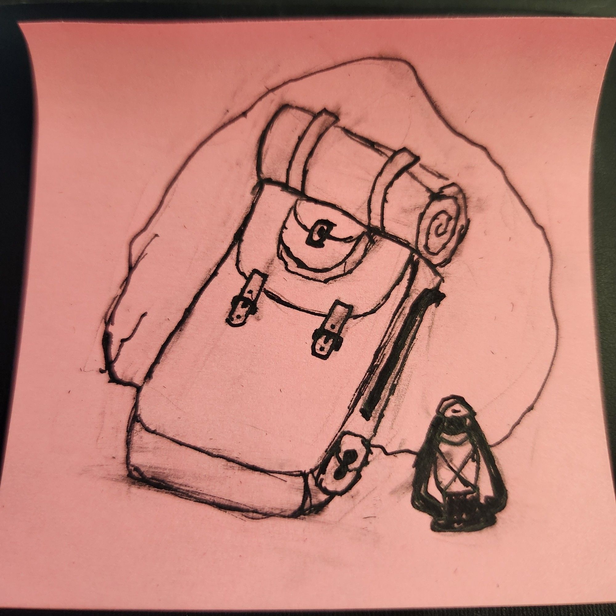 An inked sketch of a backpack leaning against a rock with a lantern nearby, drawn on a pink sticky note.