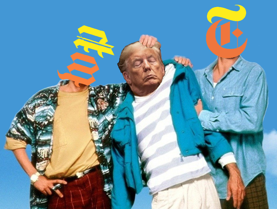 An altered image from a poster for the movie Weekend at Bernie’s. Bernie’s head has been replaced by Donald Trump with eyes closed. The two characters propping him up have had their heads replaced by the logos of the Washington Post and the New York Times. Each logo has been color altered to make them look orange and yellow like trump. #meme #mymemes