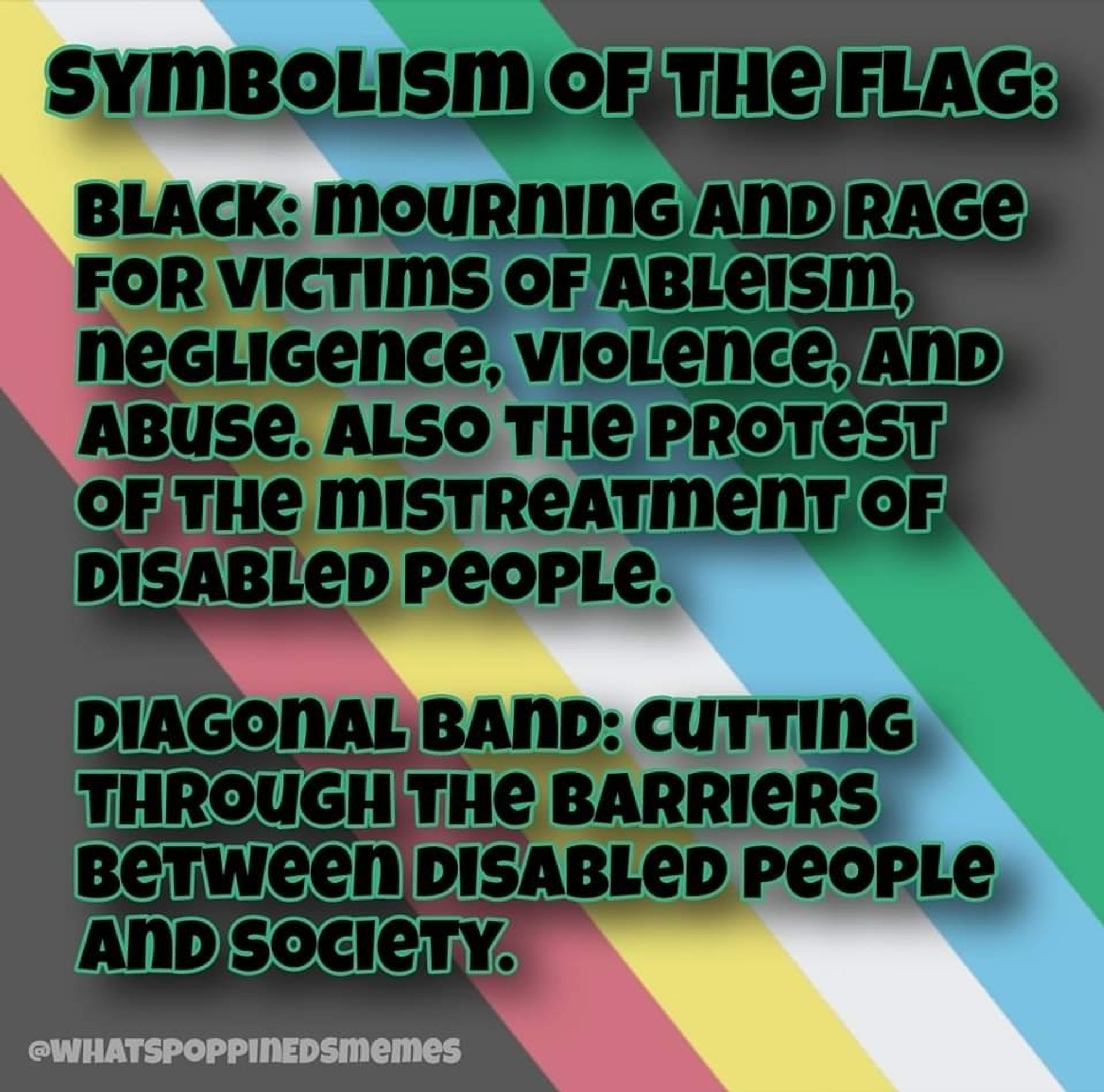 Image six- Symbolism of the flag:
Black: mourning and rage for victims of ableism, negligence, violence, and abuse. Also the protest of the mistreatment of disabled people.
Diagonal band: cutting through the barriers between disabled people and society.