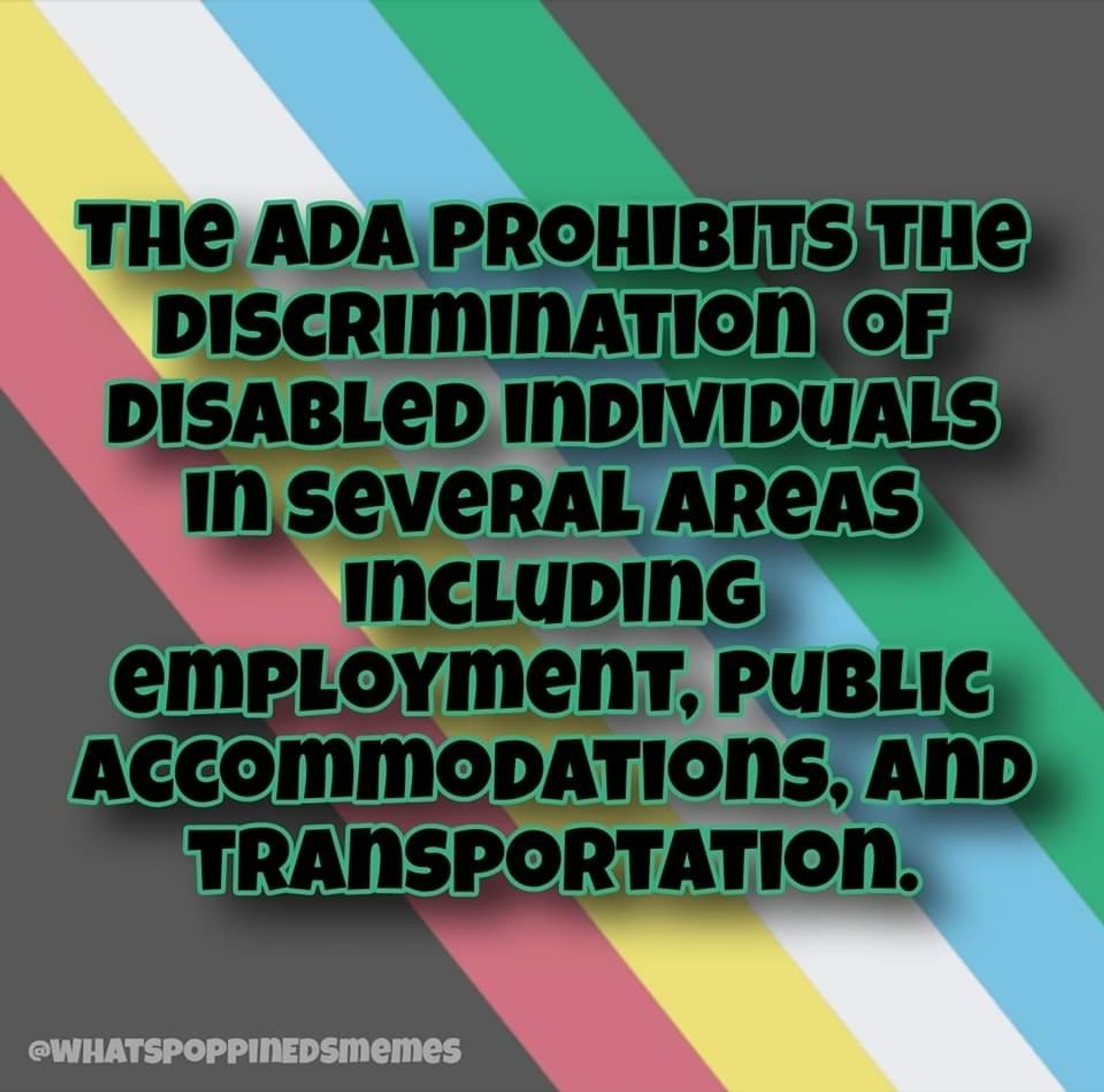 Image three- The ADA prohibits the discrimination of disabled individuals in several areas including employment, public accommodations, and transportation.