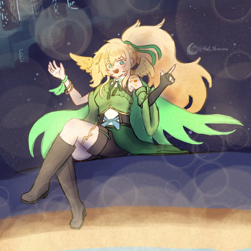 The illustration shows shenpai's character who has blonde hair with a long ponytail, wearing a green sweater with brown shorts, sitting on the ledge of a building. The background is showing a bit of penacony's floating buildings.