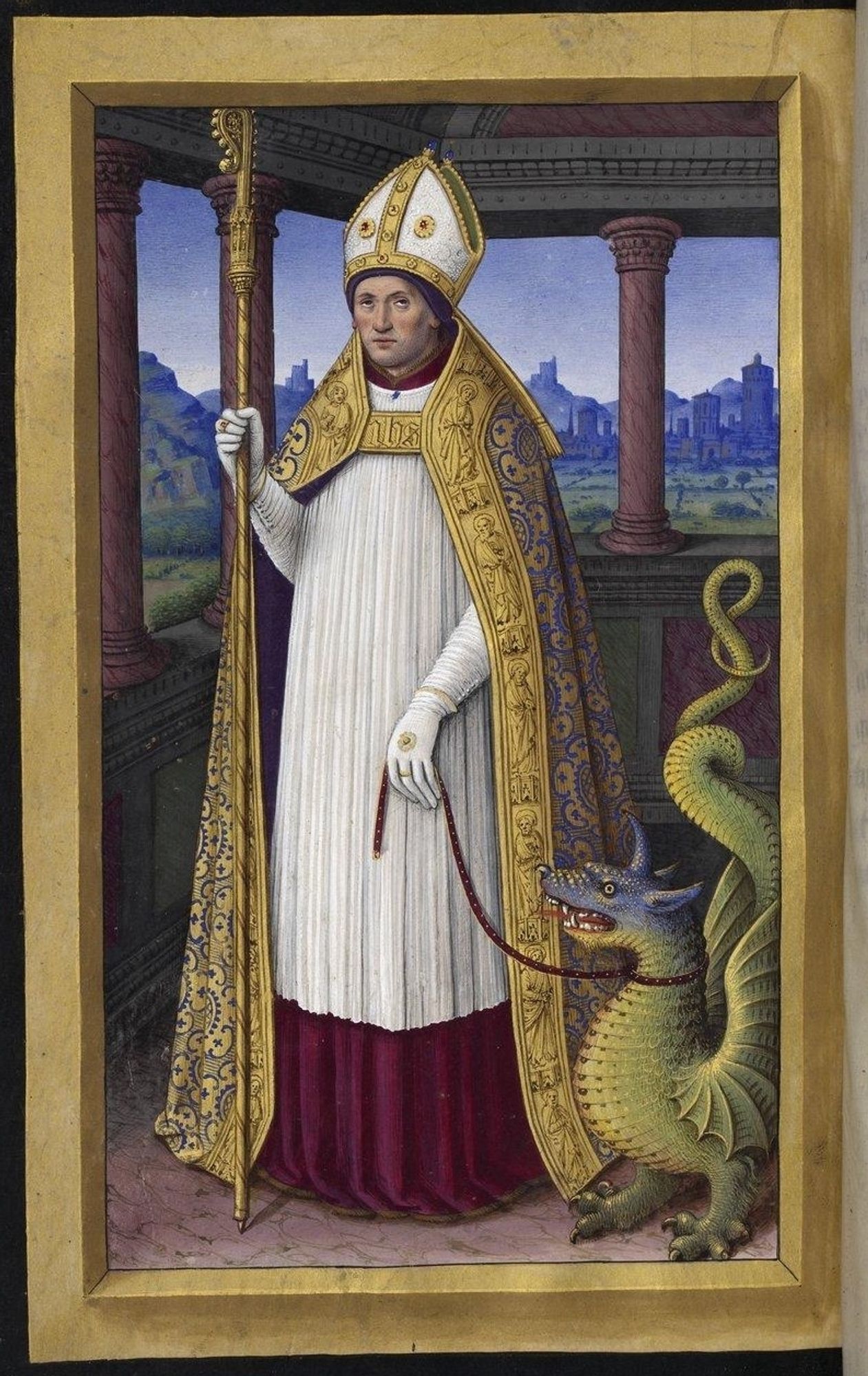 Jean Bourdichon painting from Grand Heures d'Anne de Bretagne, 1508, depicting Saint Liphard and the dragon he has literally brought to heel. He is dressed in an ornate golden cape over white and burgundy robes, with a mitre on his head and a crozier in his right hand. His left hand holds a leash attached to the dragon's collar. The dragon is the size of a medium dog, mostly green in colour fading into blue with gold dappling on its head, with two legs and two wings. The legend says this furious beast was a menace, but this post-domestication scene looks for all the world like a very camp dog-walker with his happy pet.