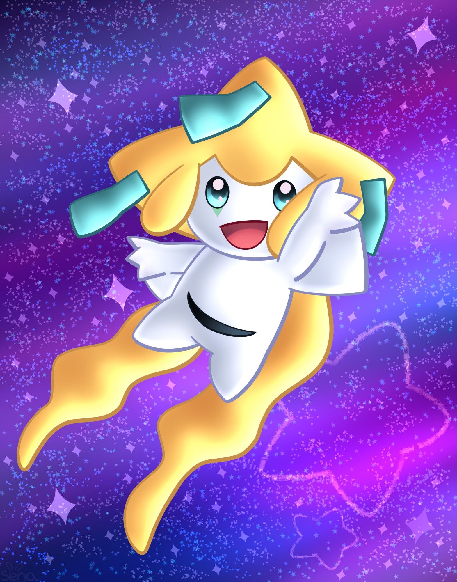 The Pokémon Jirachi reaching and looking upwards. The background consists of a blue and purple space setting, with many stars.