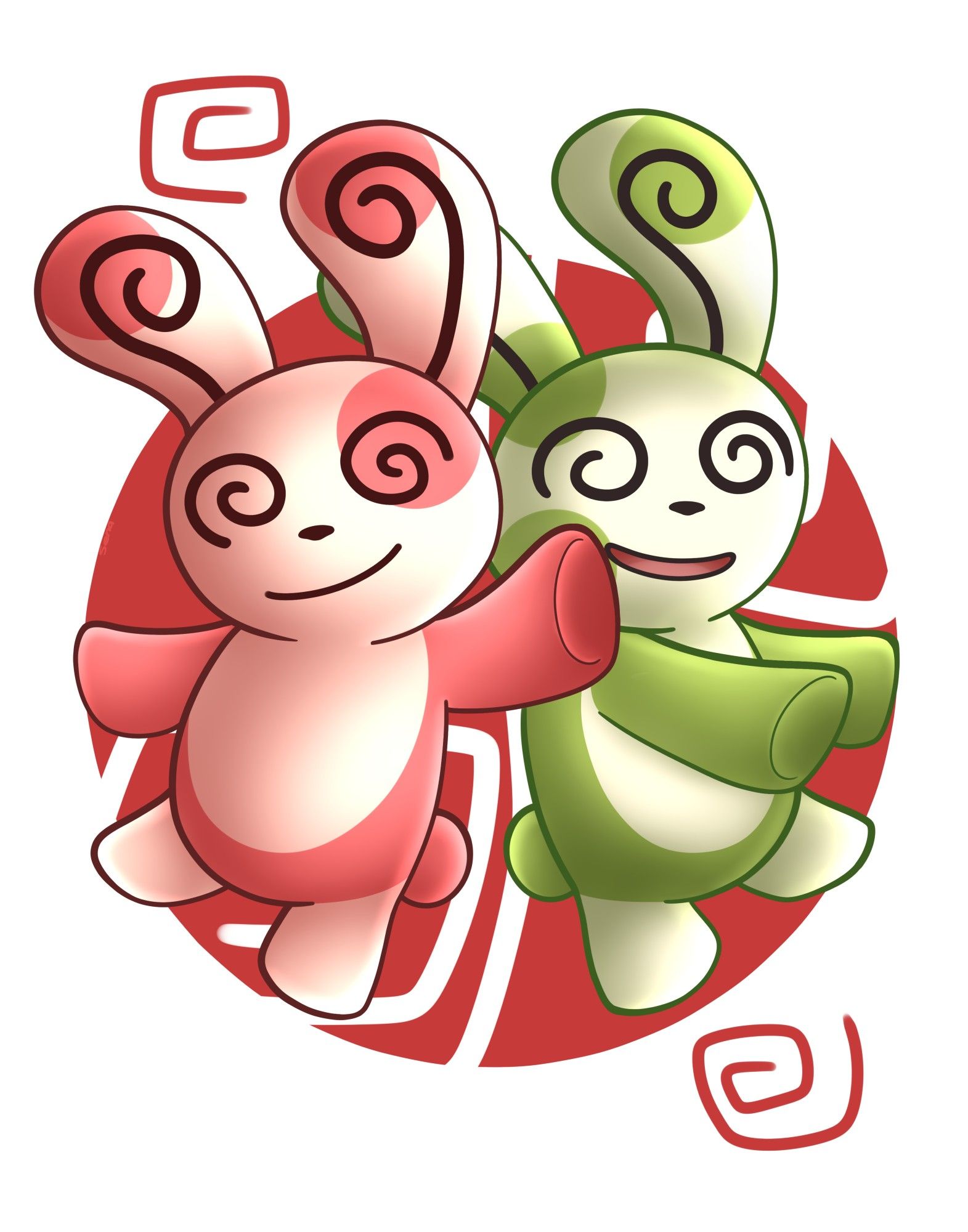 A Spinda from Pokemon on the left in a silly and dizzy-like stance. A shiny version of Spinda on the right, in a different dizzy-like stance. Twinsies.