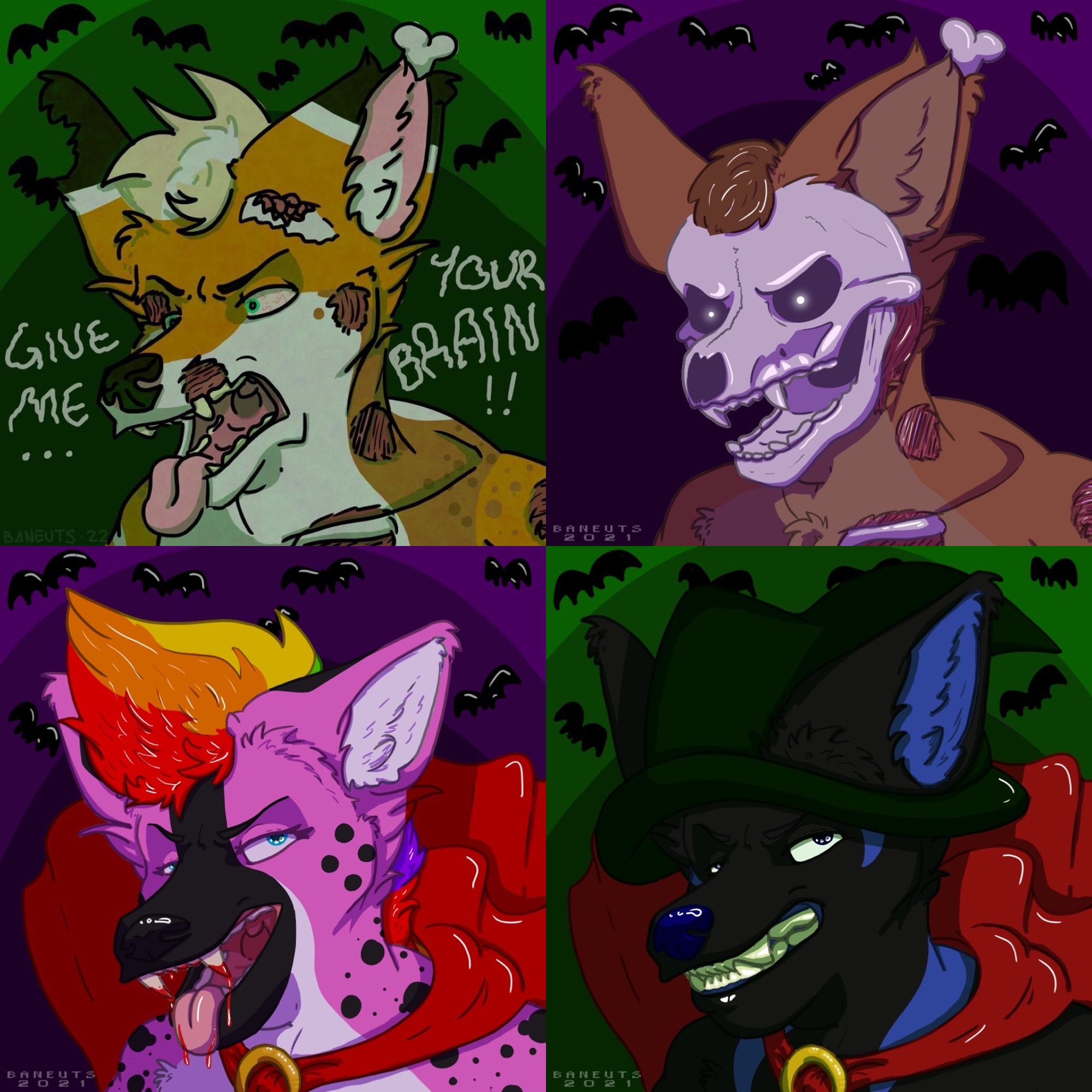 A series of ych’s. The first one is a zombie anthro canine, and the text around him reads “give me…your brain!!”. The second one is an anthro feline, with no face skin. The third one is an anthro hyena vampire. The fourth one is an anthro canine witch.