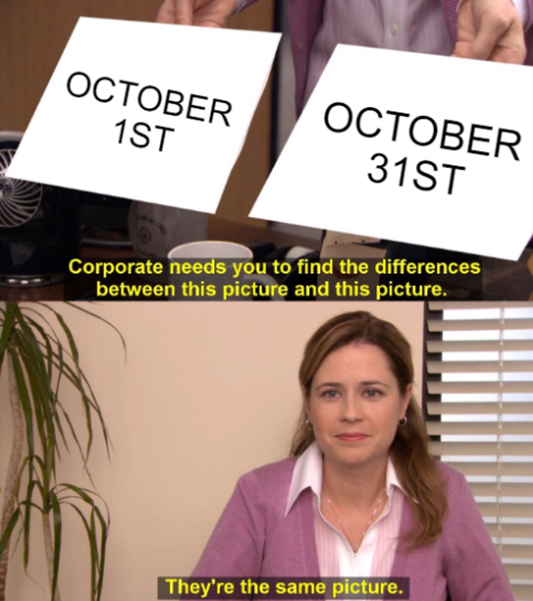 Meme. A person holding up a sign that reads "October 1st" and another "October 31st" and a caption that says "Corporate needs you to find the differences between this picture and this picture.

Cut to a woman looking with a straight face "They're the same picture."