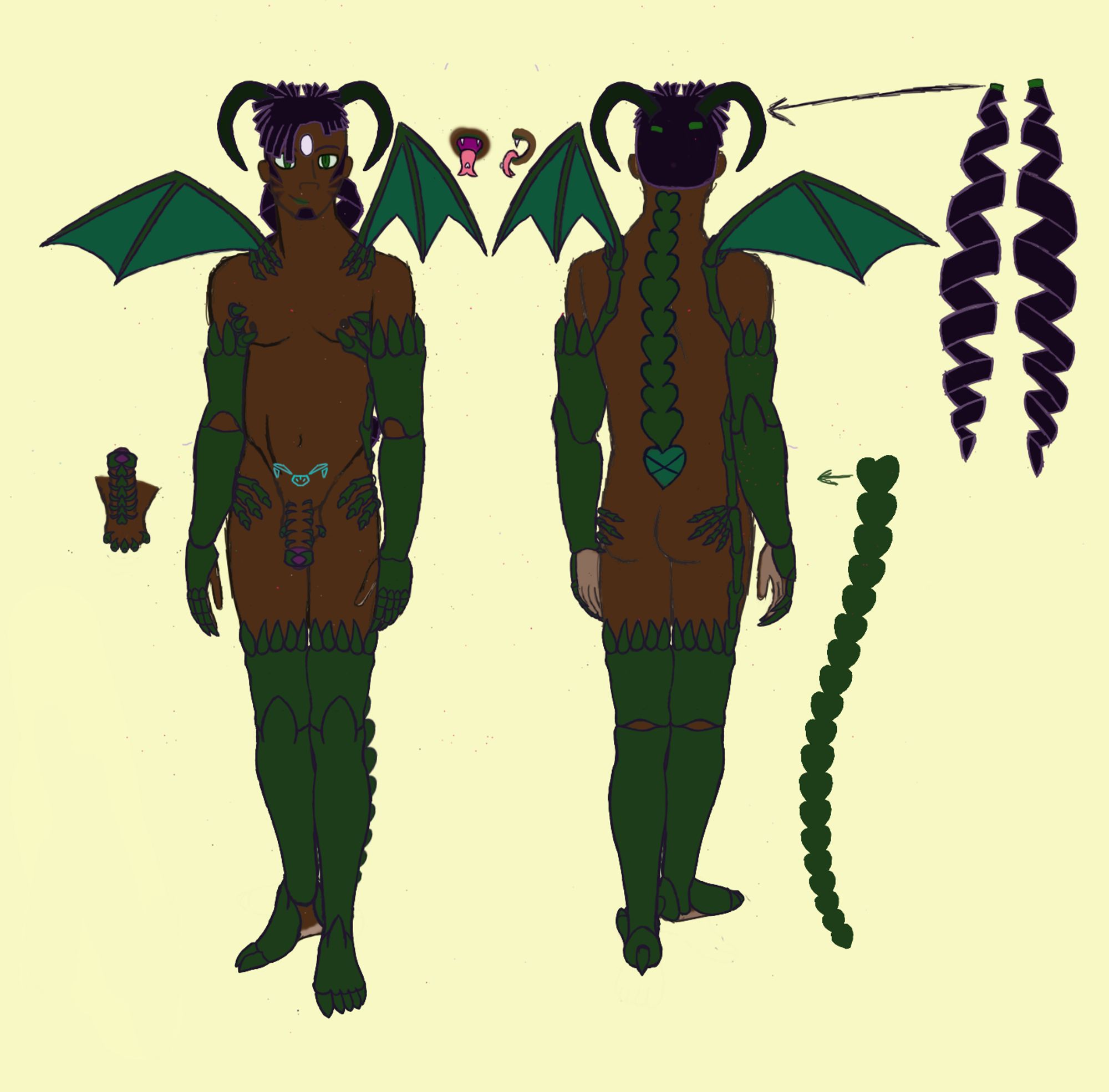 Reference sheet for a dark-skinned incubus character. He has dark green, exoskeletal, thigh-high boots and bicep-length gauntlets, a rib-like cage around his dick, bone-like structures covering his nipples and clutching his testicles, hips, buttocks and shoulders.  He also has bat wings, ram horns, a glowing crest on his crotch, and a spine-like structure down his back that extends into a scorpion-like tail.  Additionally, he has fangs, a split tongue with a white bead on it, a white gem on his forehead, and black, curly hair with two hip-length ponytails.