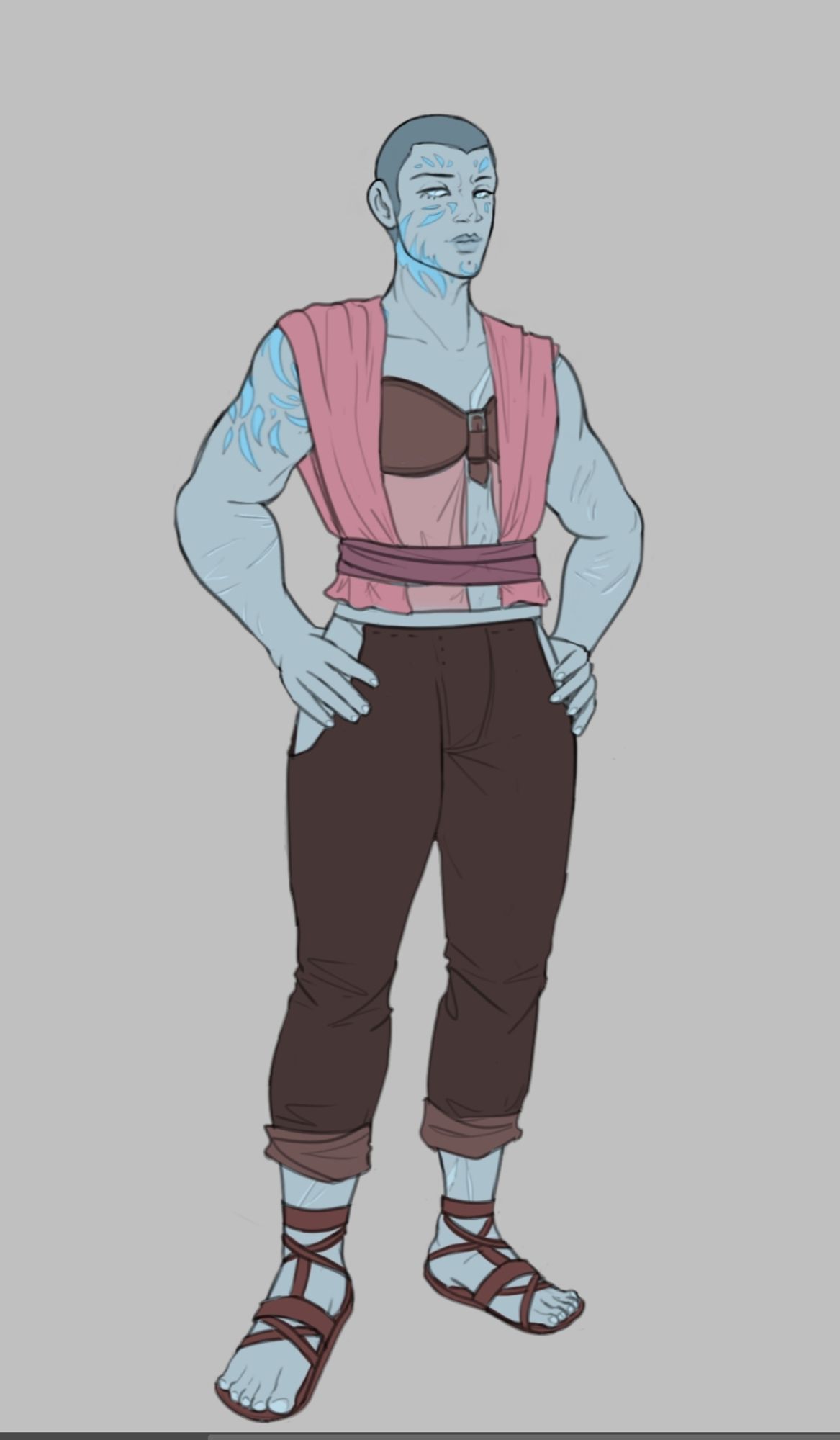 a blue-skinned, muscular goliath woman. She has hands on hips, and is wearing a pink top, chaps, and open toe sandals.