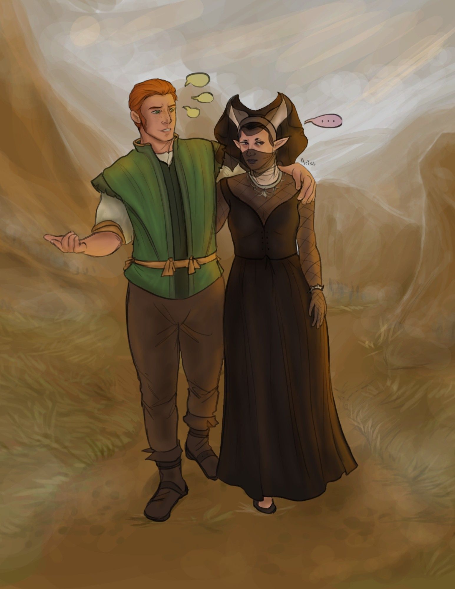 a digital painting of two characters on a mountain trail. One is a chatty red-haired man in a green tunic, and the other is a disgruntled looking woman in all black with a medieval headress and veil