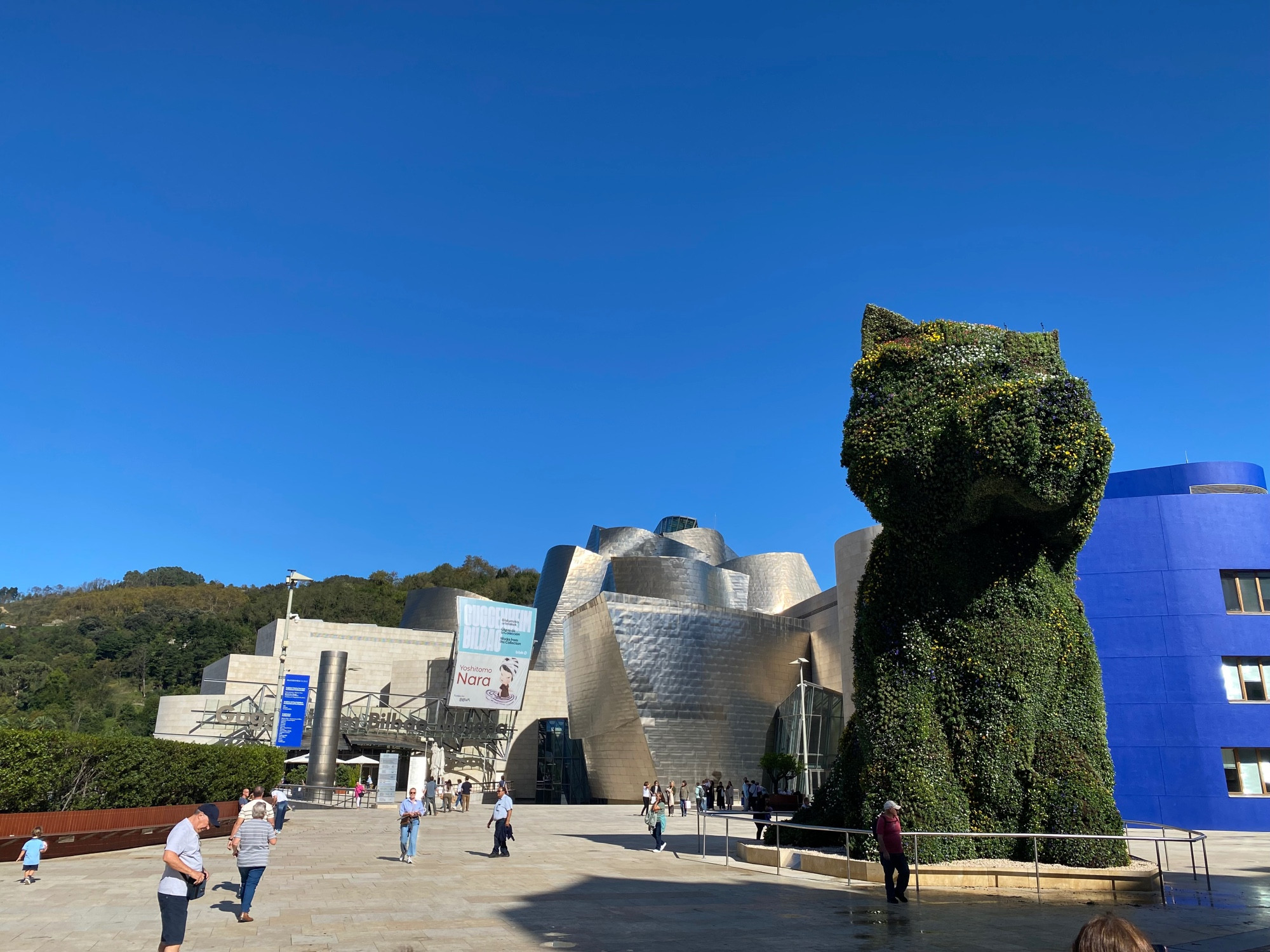 The front entrance of the Guggenheim Bilbao with Puppy (Jeff Koons) keeping watch