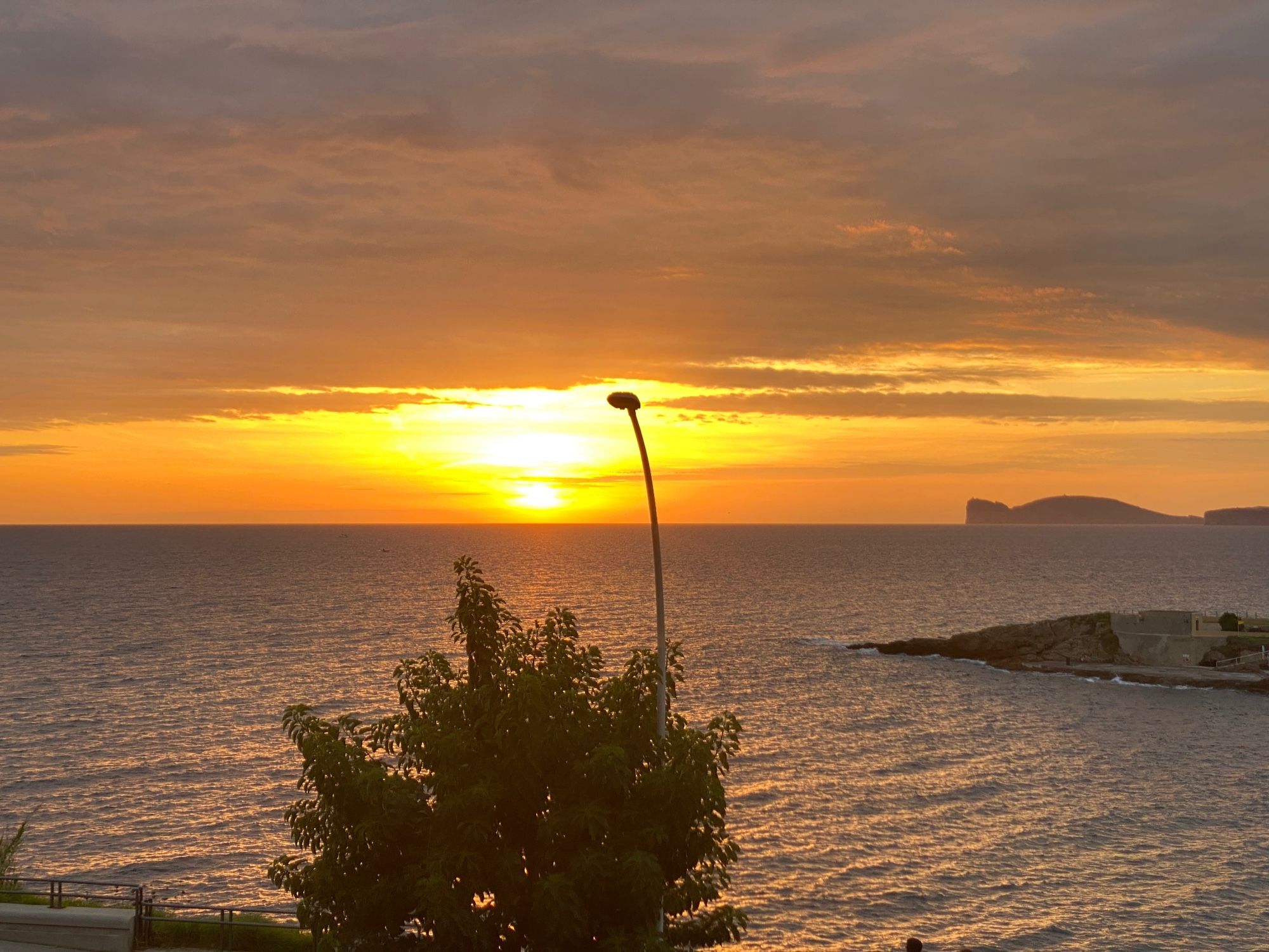 A bright orange ball sets on the horizon across an expanse of sea, lighting the skies above and across it in yellows, whites, oranges and grey clouds. In the distance, shadows of cliffs jut into the water, and in the foreground a tree top and unfortunately played lightpost rise up into the frame.