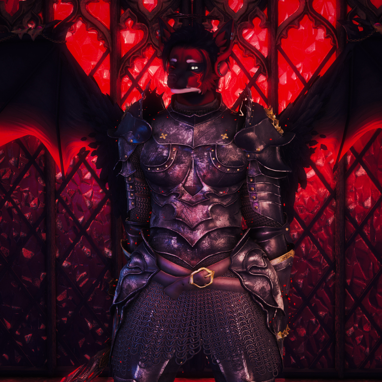 In a Second Life photo, an armor-clad demon stands in front of crimson stained glass. HIs sword is at his side, his wings stretch out behind him, and his single, pale eye stares at you intently.