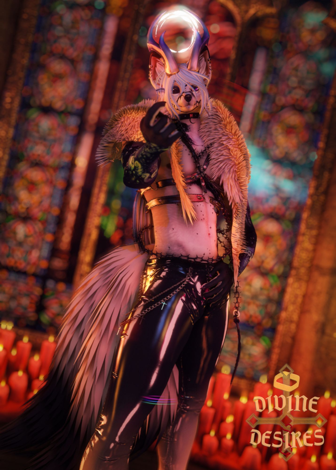 In a Second Life photo, a lone figure stands in front of a stained glass window. Tall, white-furred and black clad, he holds one hand out to beckon you, while the other rests just below his hips, emphasizing the package hidden away in his tight-fitting latex leggings.