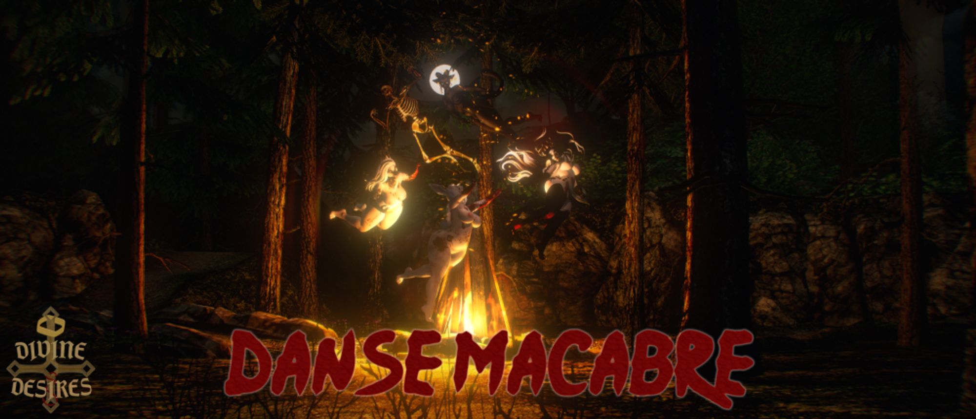 In a Second Life photo, four naked furries levitate around a bonfire in the middle of the woods. It is a wide-shot, with the bonfire and witches in the center.