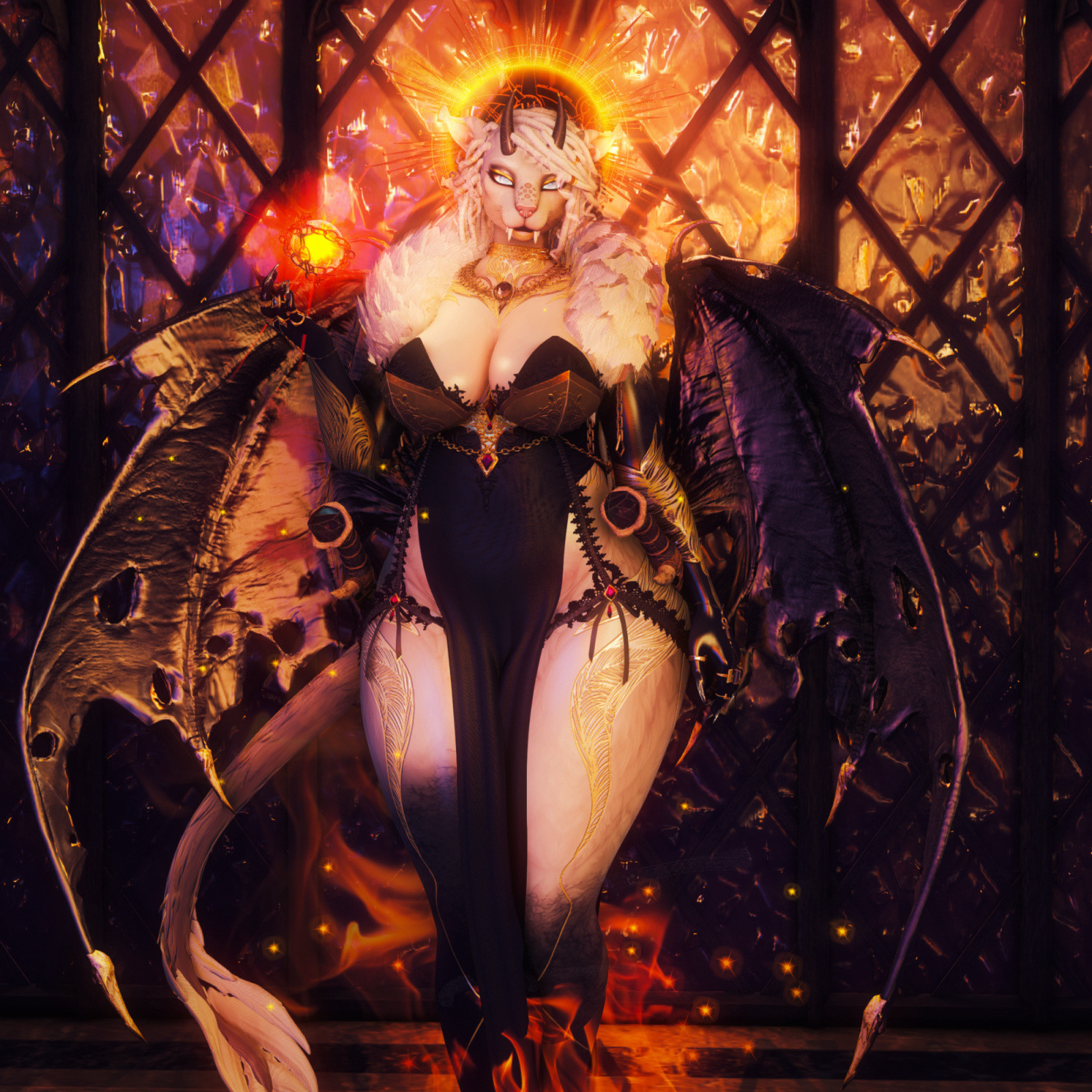 In a second life photo, a flame-enshrouded demoness stands before stained glass. An orb of fire hovers above an outstretched hand, and a halo blazes behind her head. Black leather wings pockmarked with scarred-over holes adorn her sides.