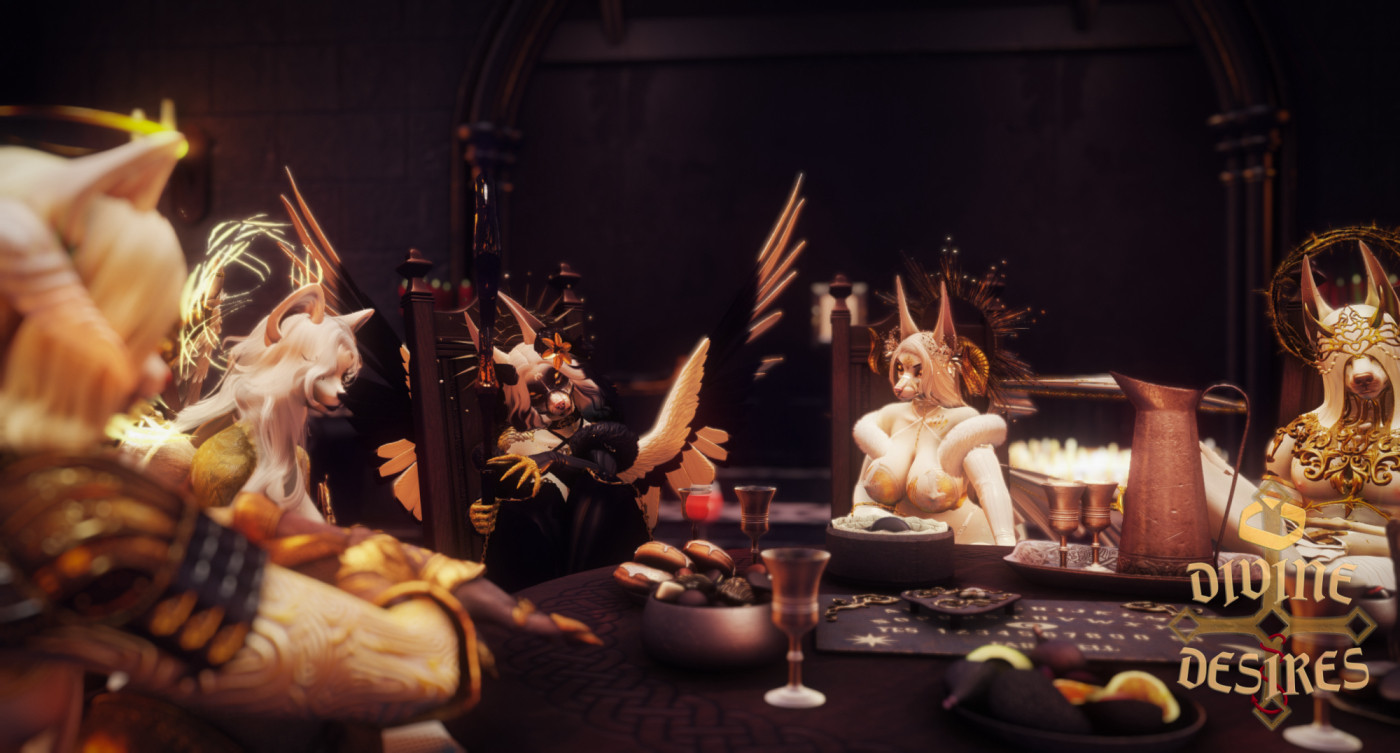 In a Second Life photo, a collection of angels, ascended and fallen alike, sit around a table with an assortment of drinks and snacks, and a ouija board at the center.