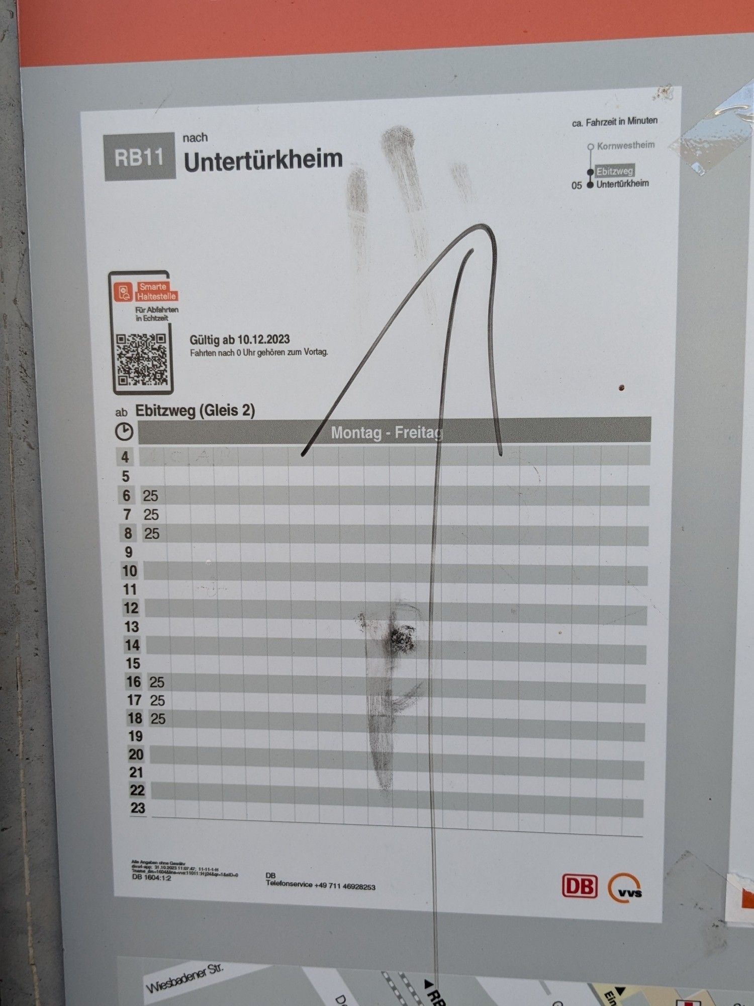 Timetable at Stuttgart Ebitzweg direction Untertürkheim.

Trains depart Mondays to Fridays only at 6:25, 7:25, 8:25 and 16:25, 17:25 and 18:25