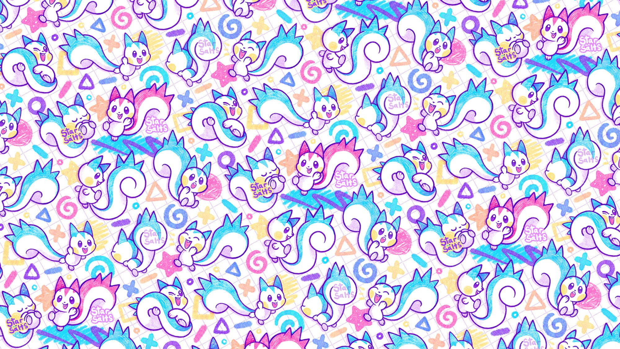 A digital illustration of a pattern of the Pokemon Pachirisu. White background with accents of pink, blue, and yellow.