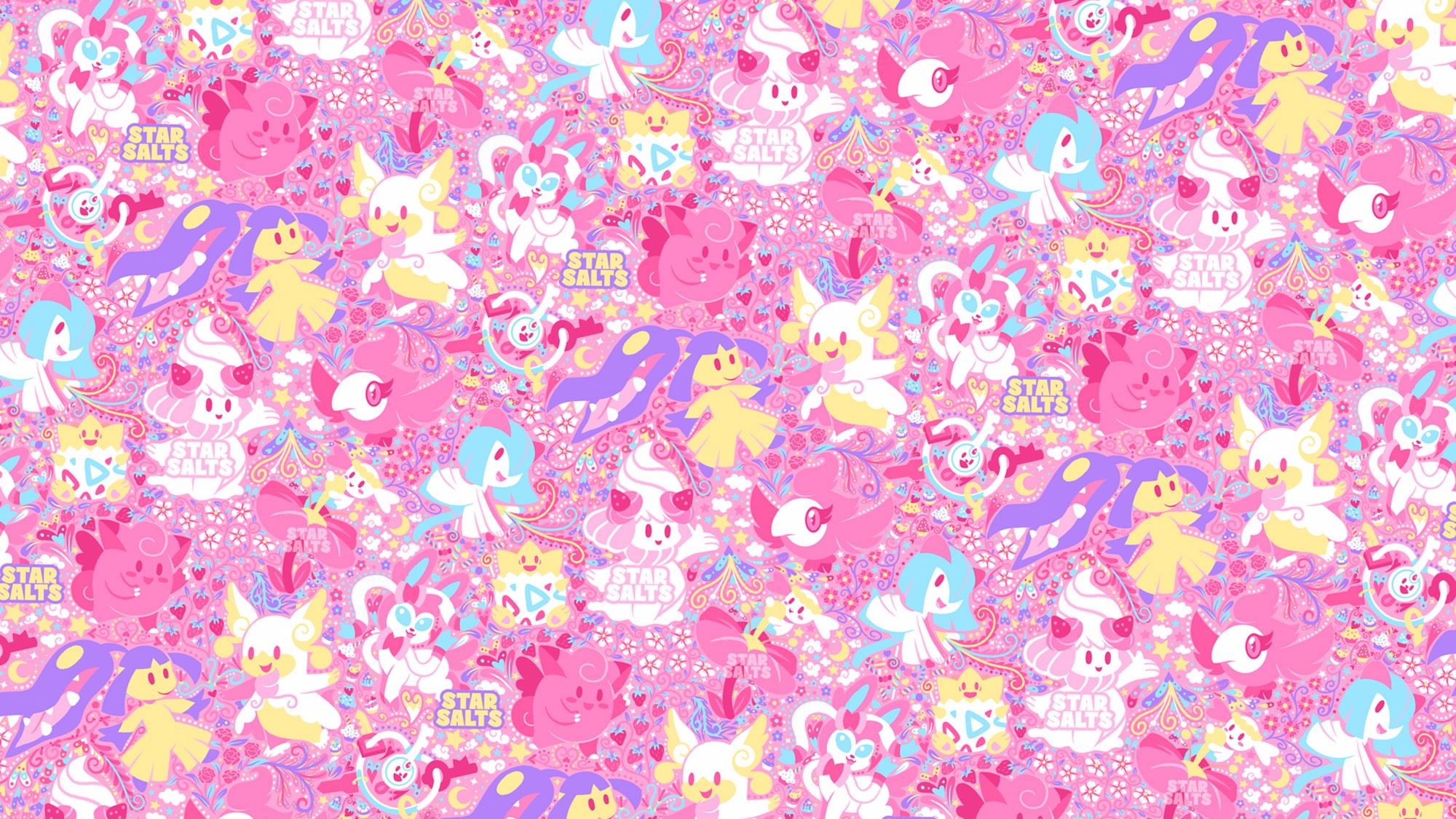 A pink illustrated pattern of fairy type Pokemon