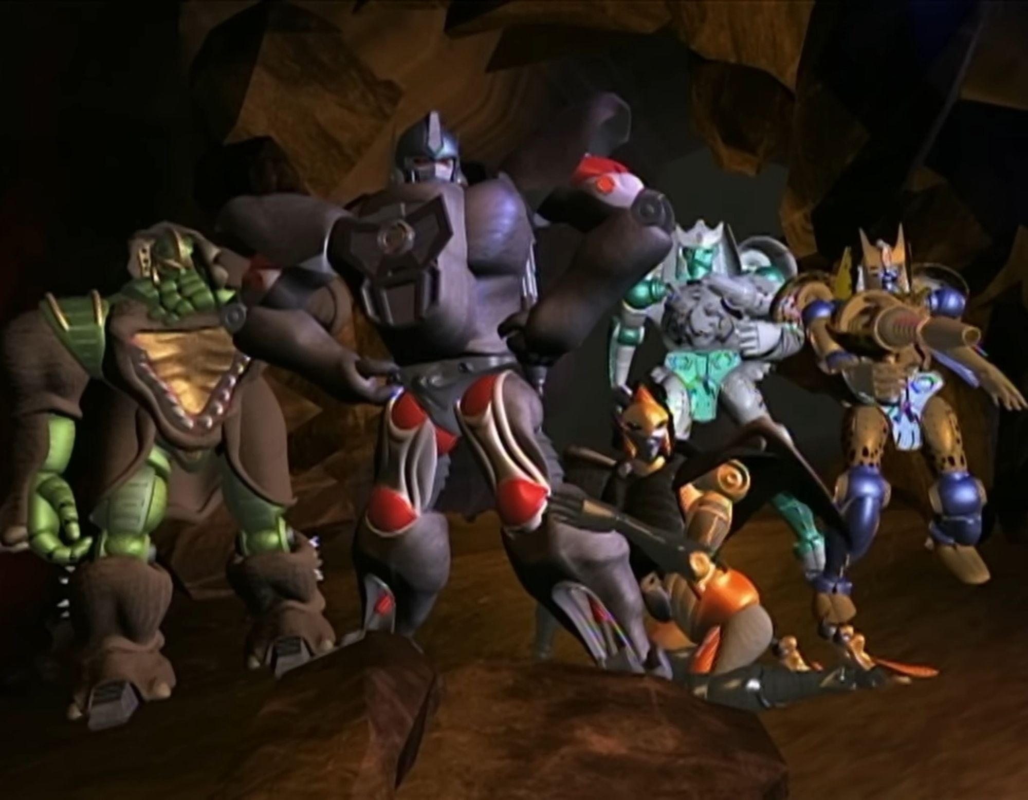 The Maximals arrive to save the day. Rhinox is wiping his nose after sneezing, Optimus Primal is standing with his hands on his hips while Airazor is on her knees, hugging his calf. Behind them are Tigertron and Cheetor, aiming their guns towards the Predacons