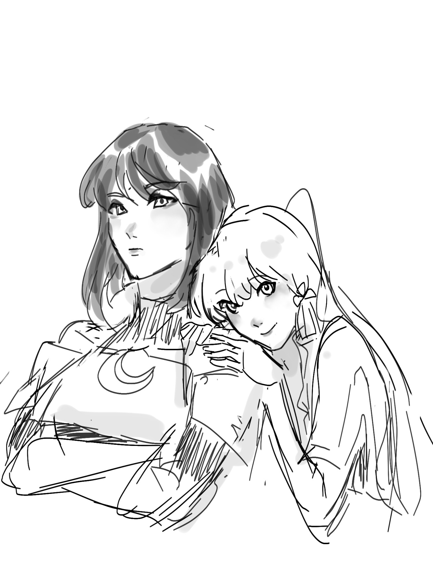 Illustration: Ayaka resting her head on Sara's shoulder, they're both looking sillay like the pookies they are :3