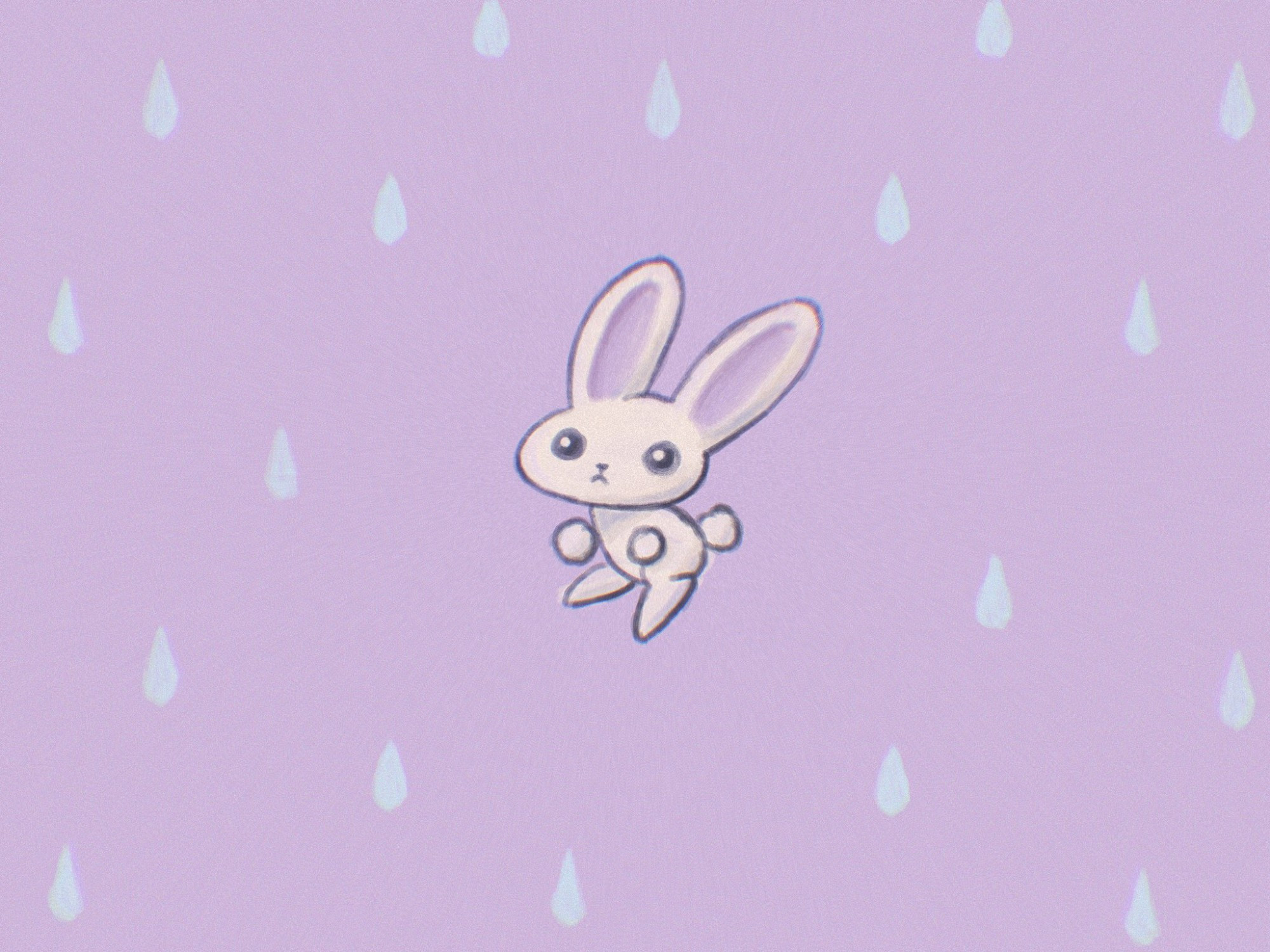 Lilac background with light blue raindrops with a white bunny in the centre 