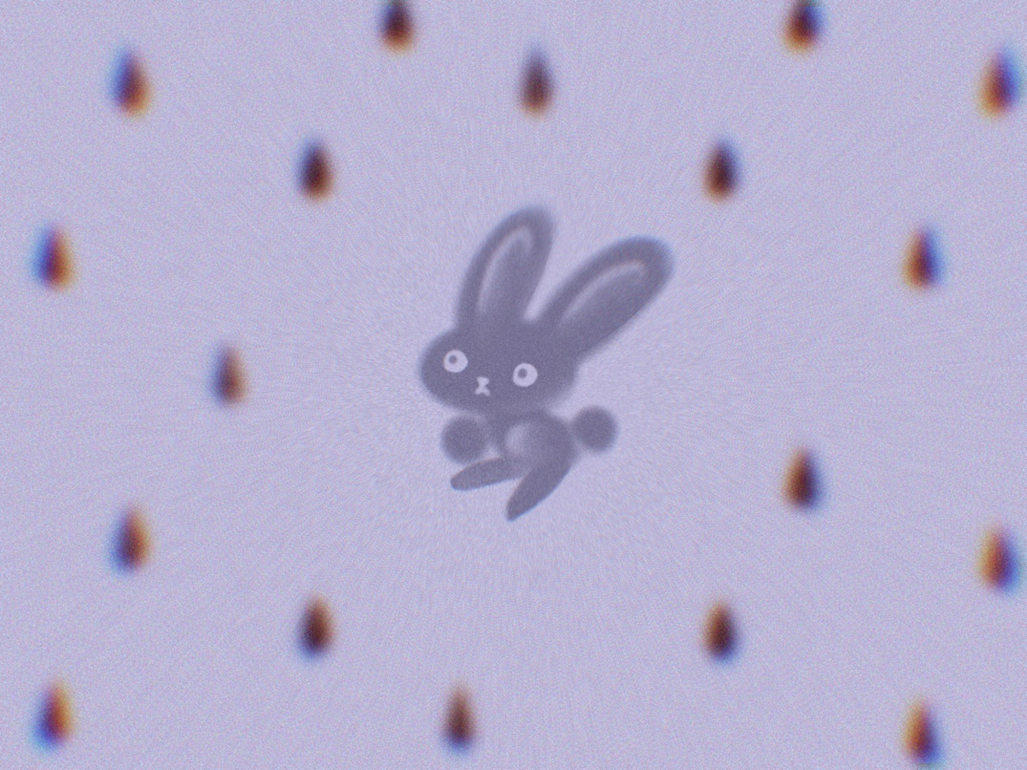 lilac background with dark purple raindrops and a dark grey bunny 