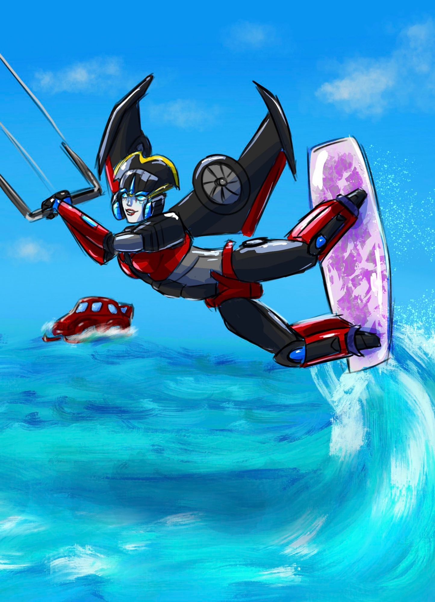 Windblade kiteboarding and Cliffjumper using skis on water